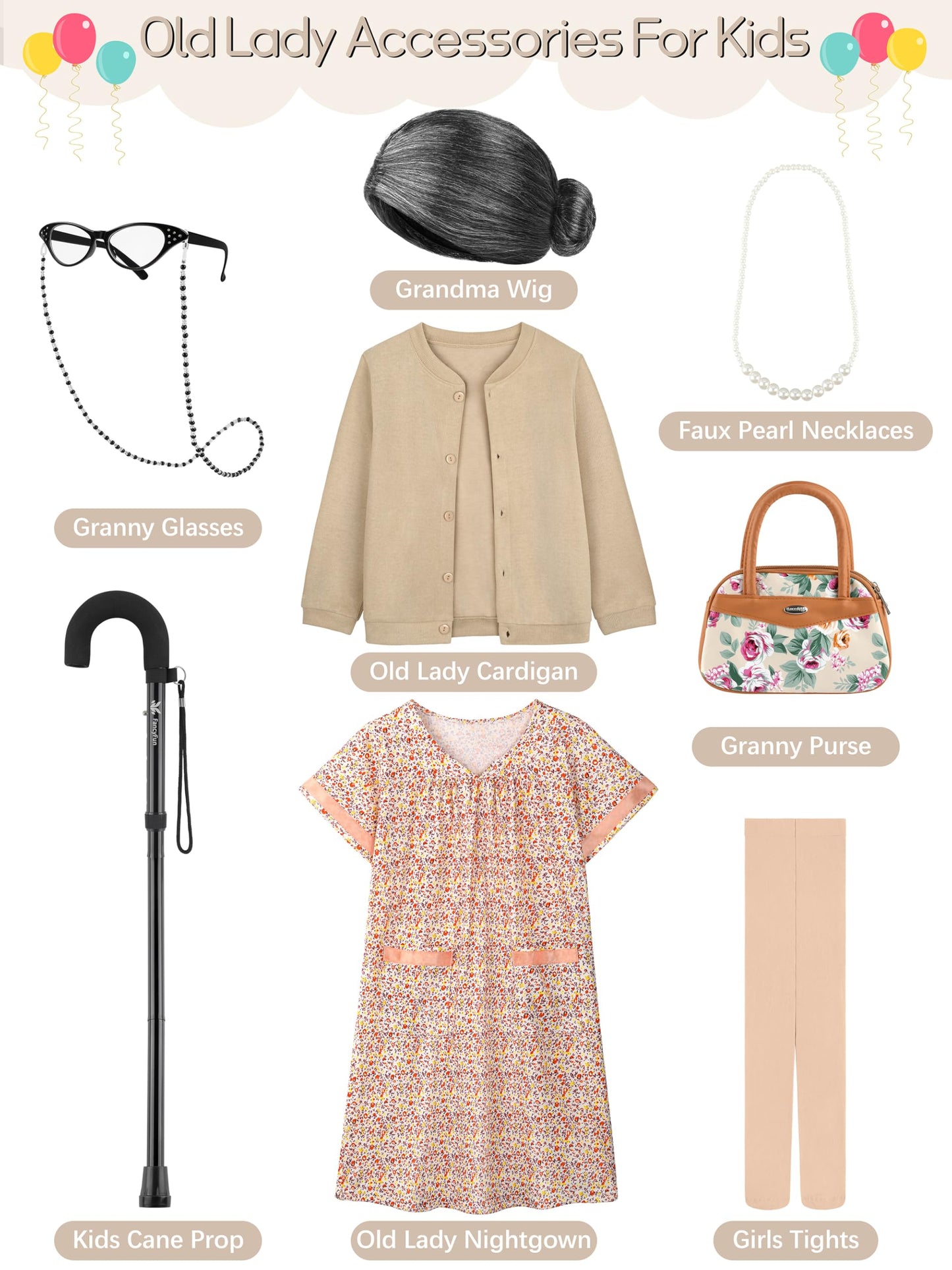 FancyFun 8 Pcs Old Lady Costume for Kids - 100 Days of School (8-10Y)