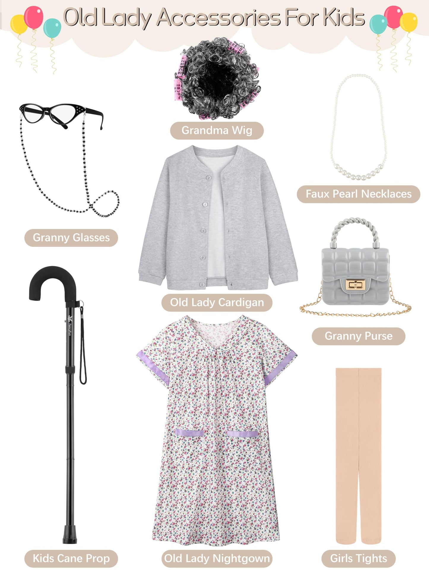 FancyFun 8-Piece Old Lady Costume for Kids – 100 Days of School Outfit & Grandma Wig (Ages 5-7)