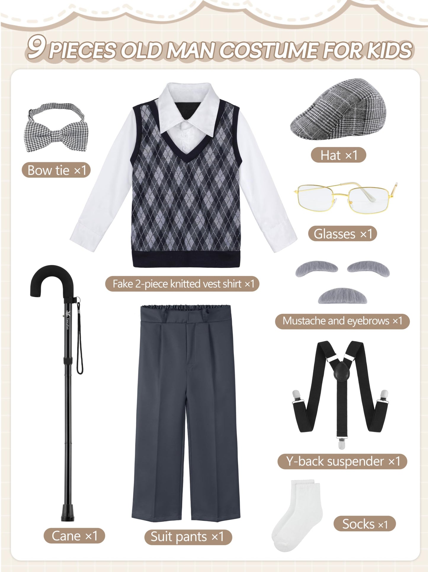 FancyFun 9-Piece 100 Days of School Old Man Costume for Boys 3-4T