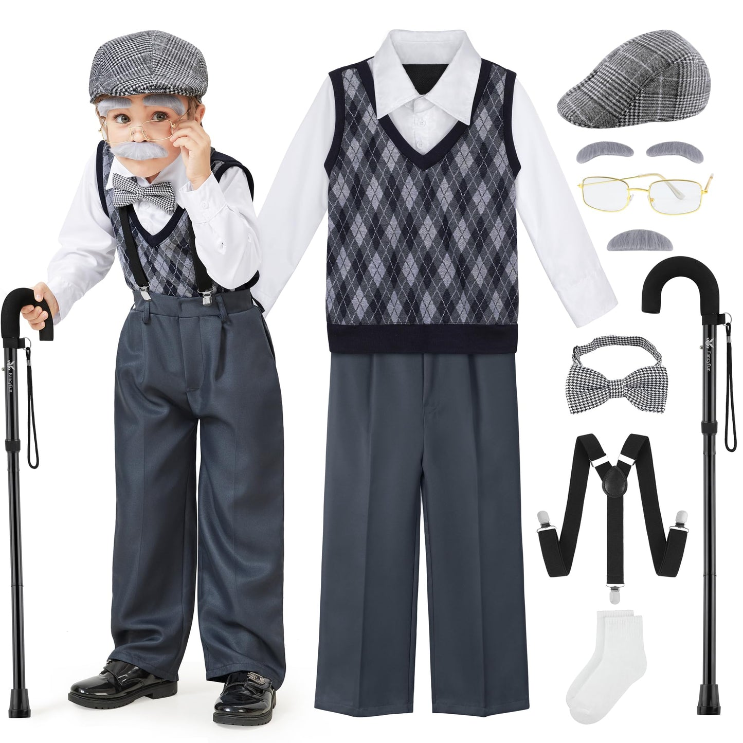 FancyFun 9-Piece 100 Days of School Old Man Costume for Boys 3-4T