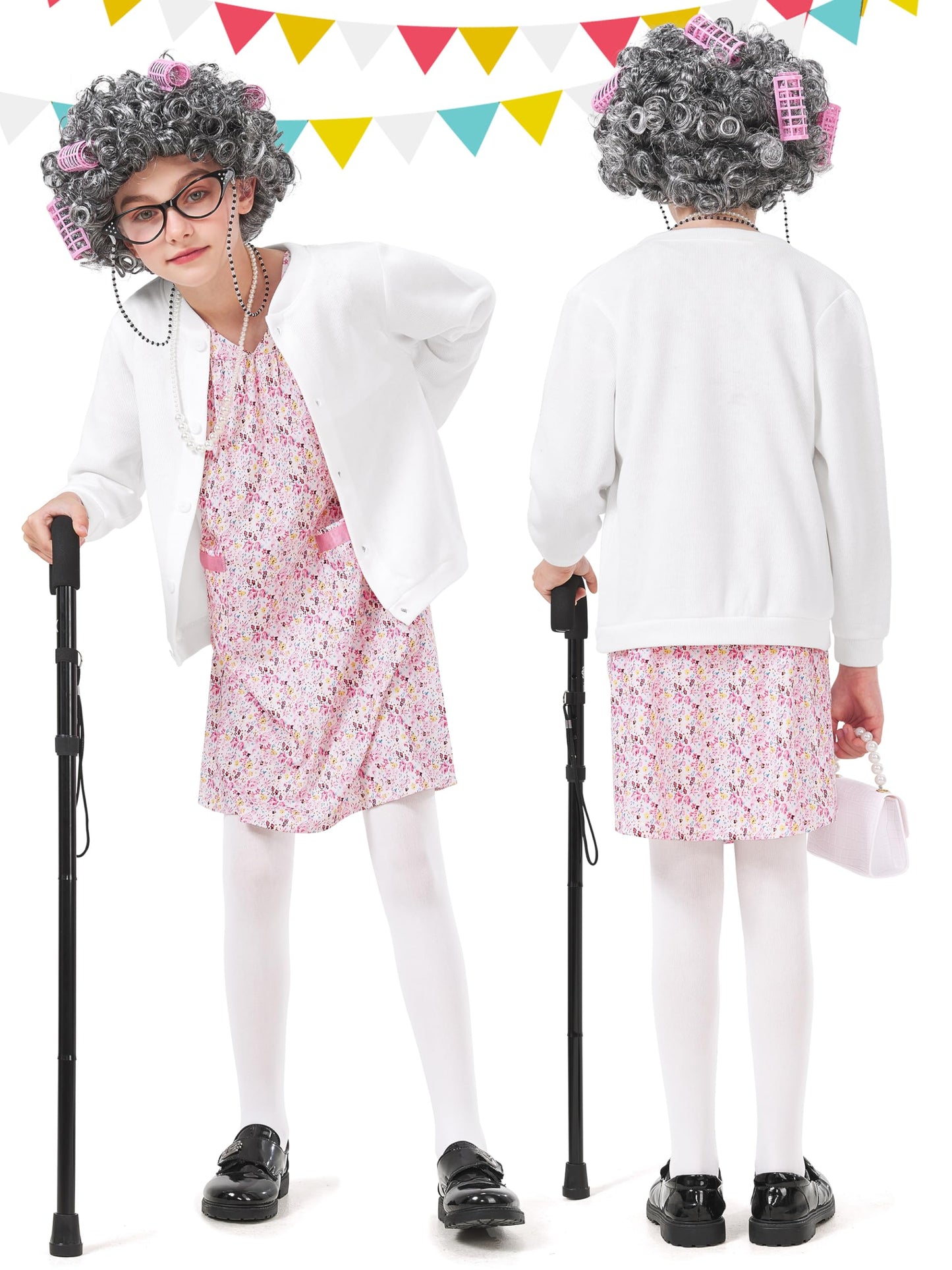FancyFun 8 Pcs Old Lady Costume for Kids (D 8-10Y) – 100 Days Dress-Up Set