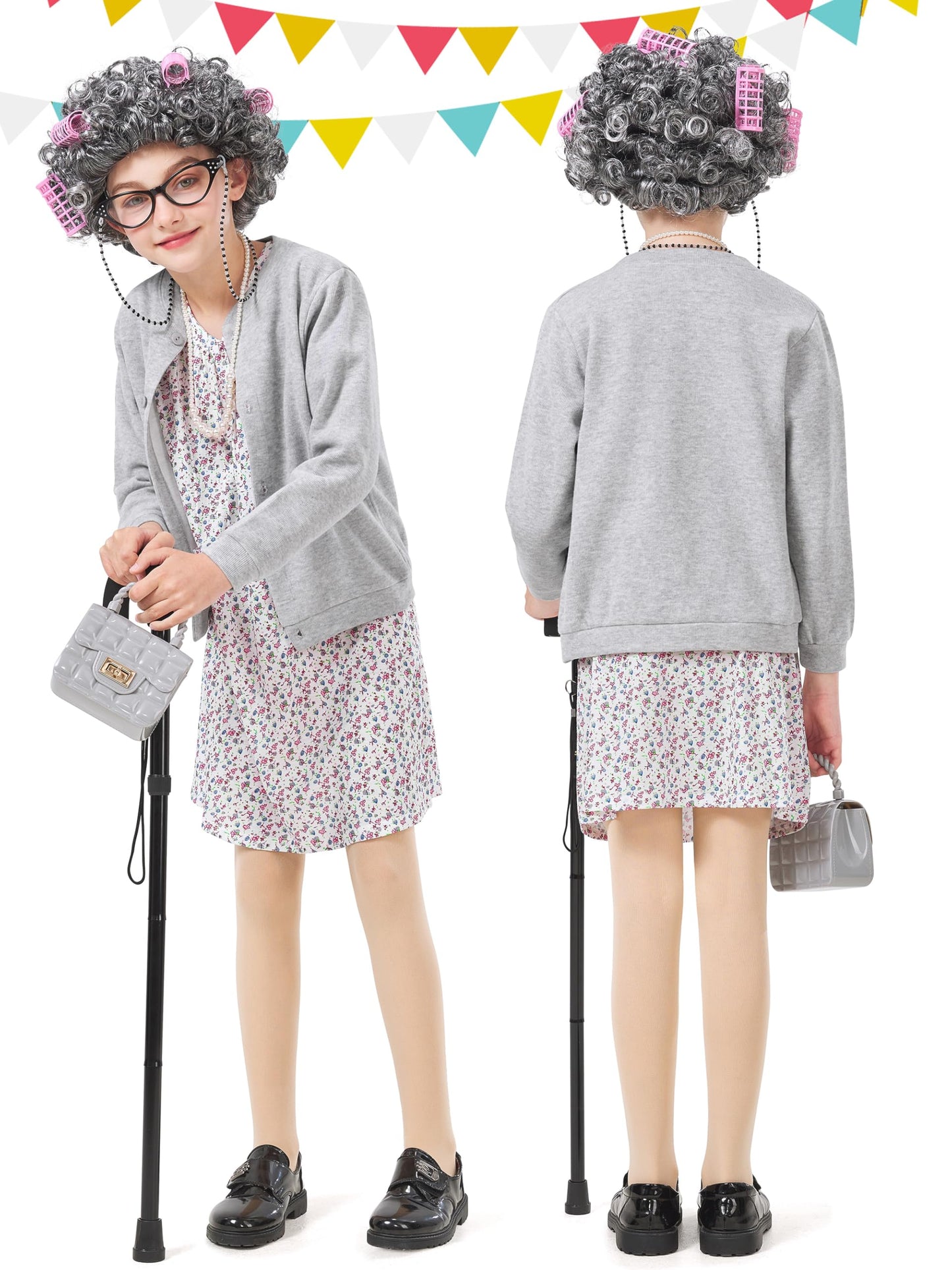 FancyFun 8-Piece Old Lady Costume for Kids – 100 Days of School Outfit & Grandma Wig (Ages 5-7)