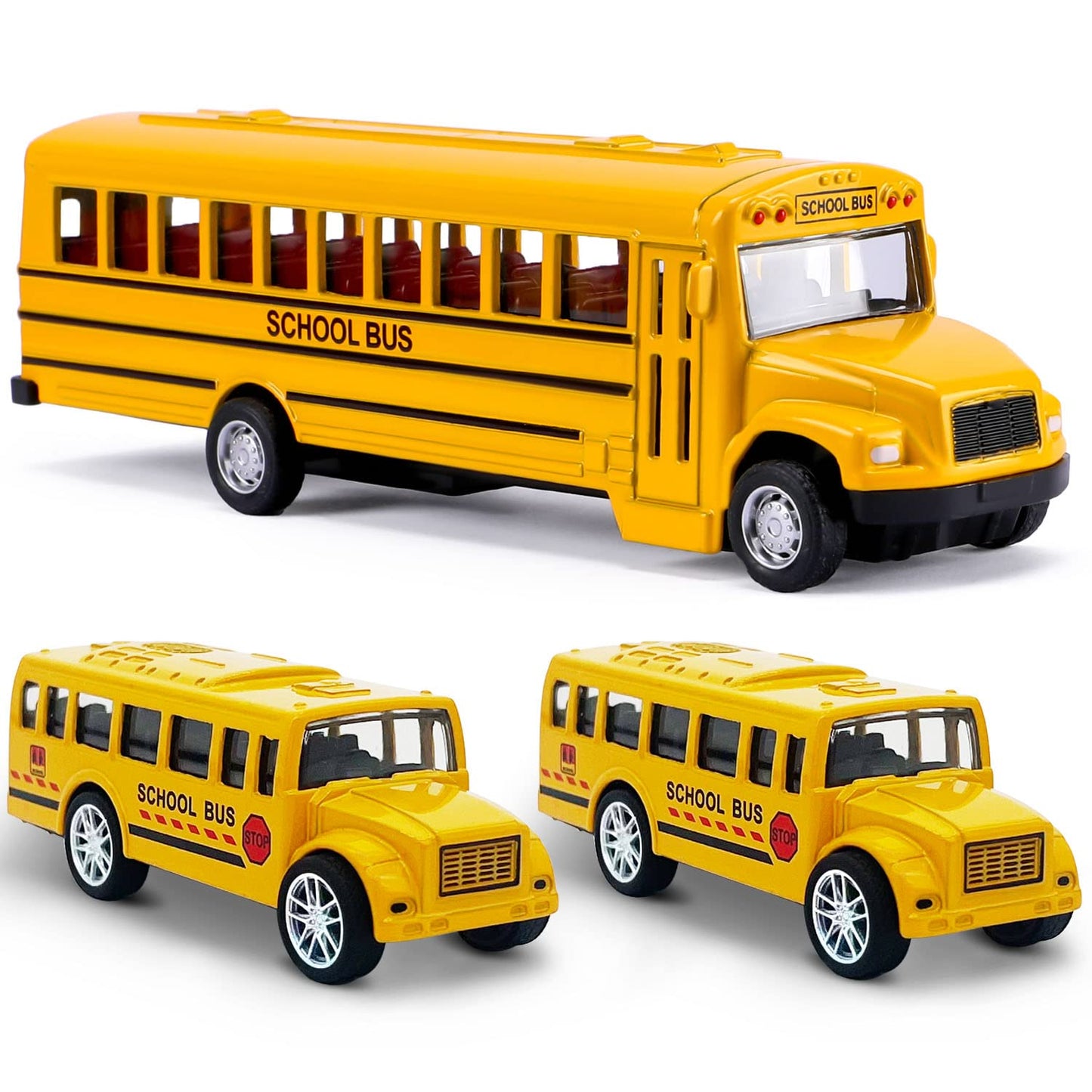 FANELEQU 3 Pack Pull Back School Bus Playset - Die-Cast Metal Toys for Kids
