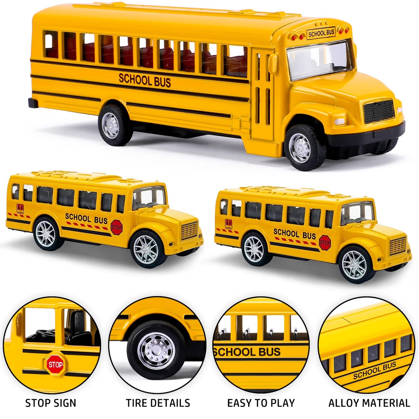 FANELEQU 3 Pack Pull Back School Bus Playset - Die-Cast Metal Toys for Kids