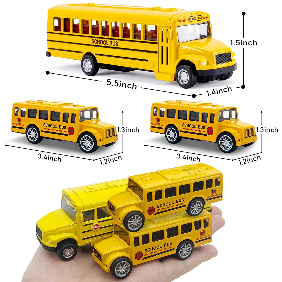 FANELEQU 3 Pack Pull Back School Bus Playset - Die-Cast Metal Toys for Kids