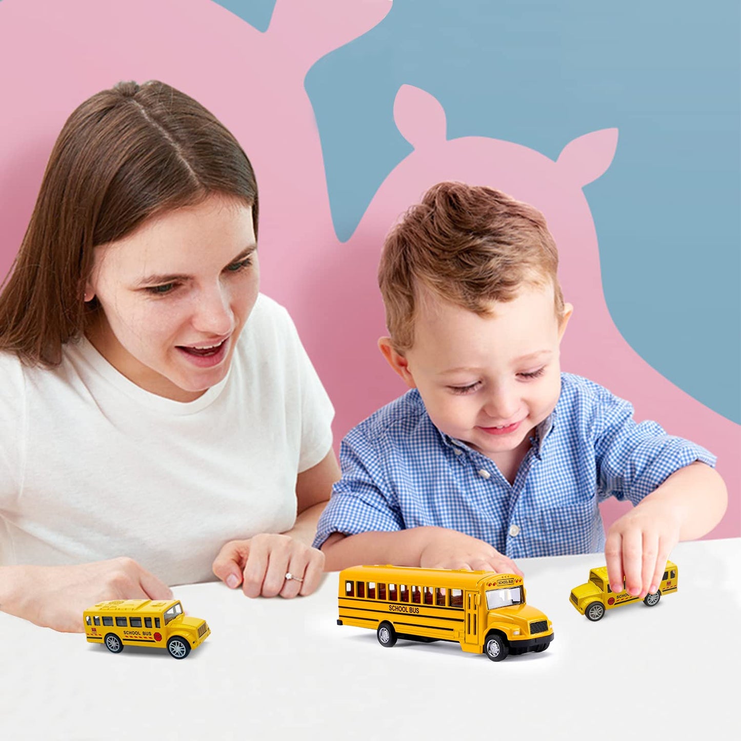 FANELEQU 3 Pack Pull Back School Bus Playset - Die-Cast Metal Toys for Kids