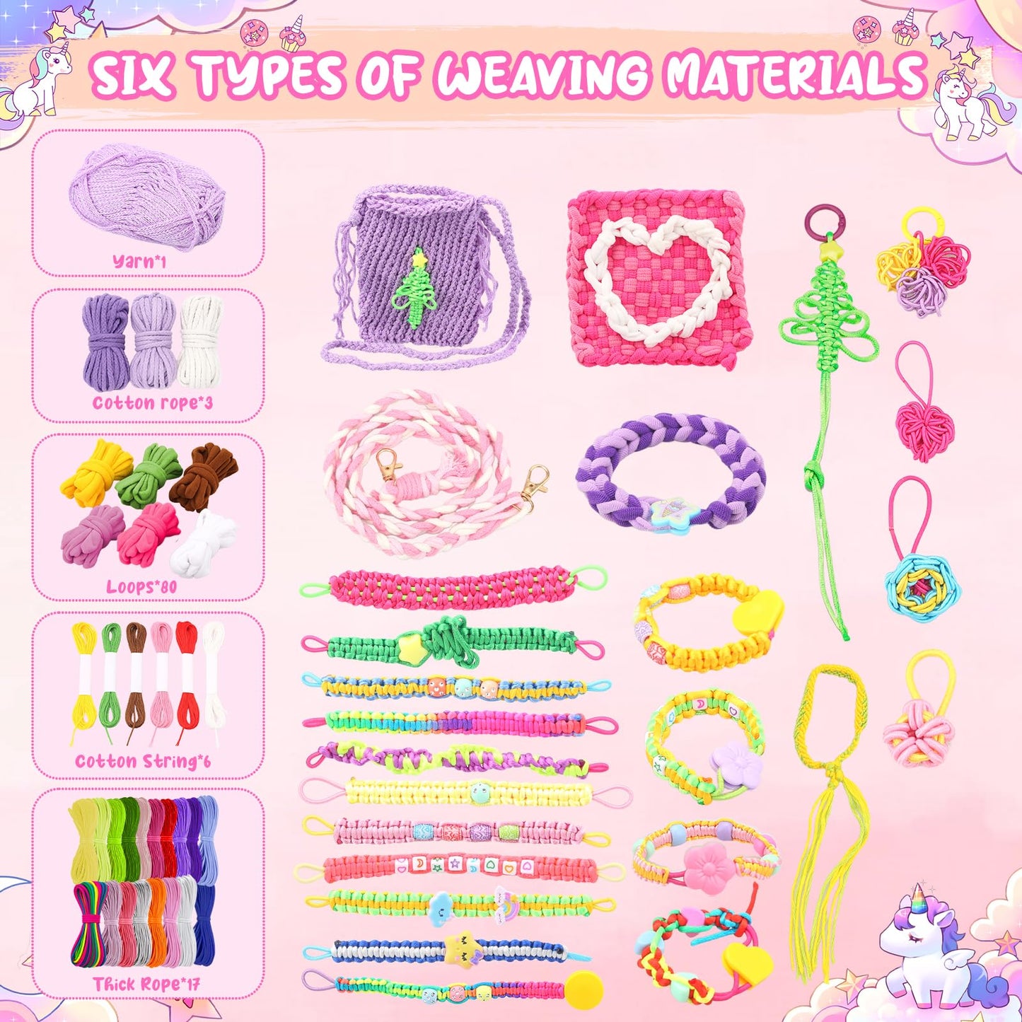 Fanfantoey Friendship Bracelet Kit & 6-in-One Weaving Loom – Creative Craft Gift for Girls Ages 5–12 (Pink)