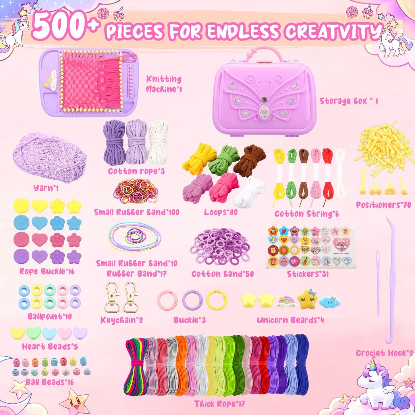Fanfantoey Friendship Bracelet Kit & 6-in-One Weaving Loom – Creative Craft Gift for Girls Ages 5–12 (Pink)