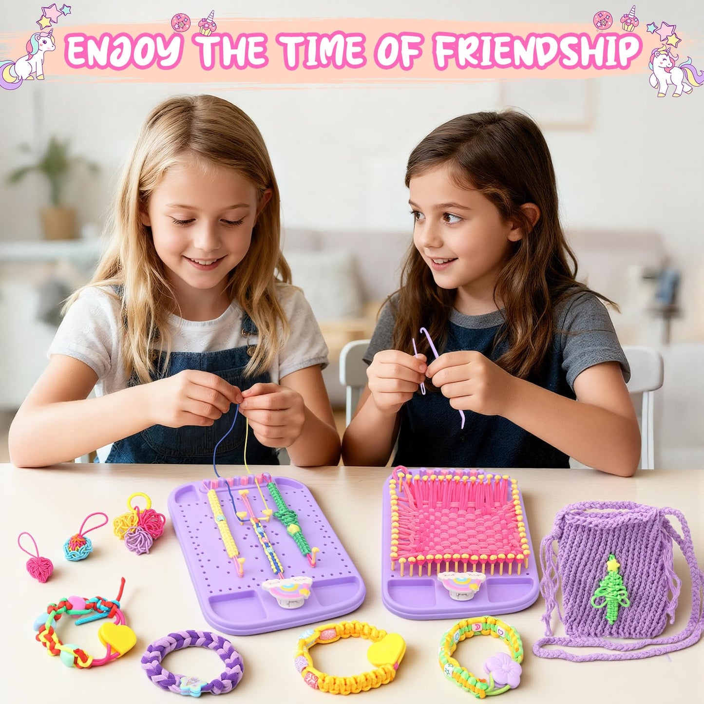 Fanfantoey Friendship Bracelet Kit & 6-in-One Weaving Loom – Creative Craft Gift for Girls Ages 5–12 (Pink)