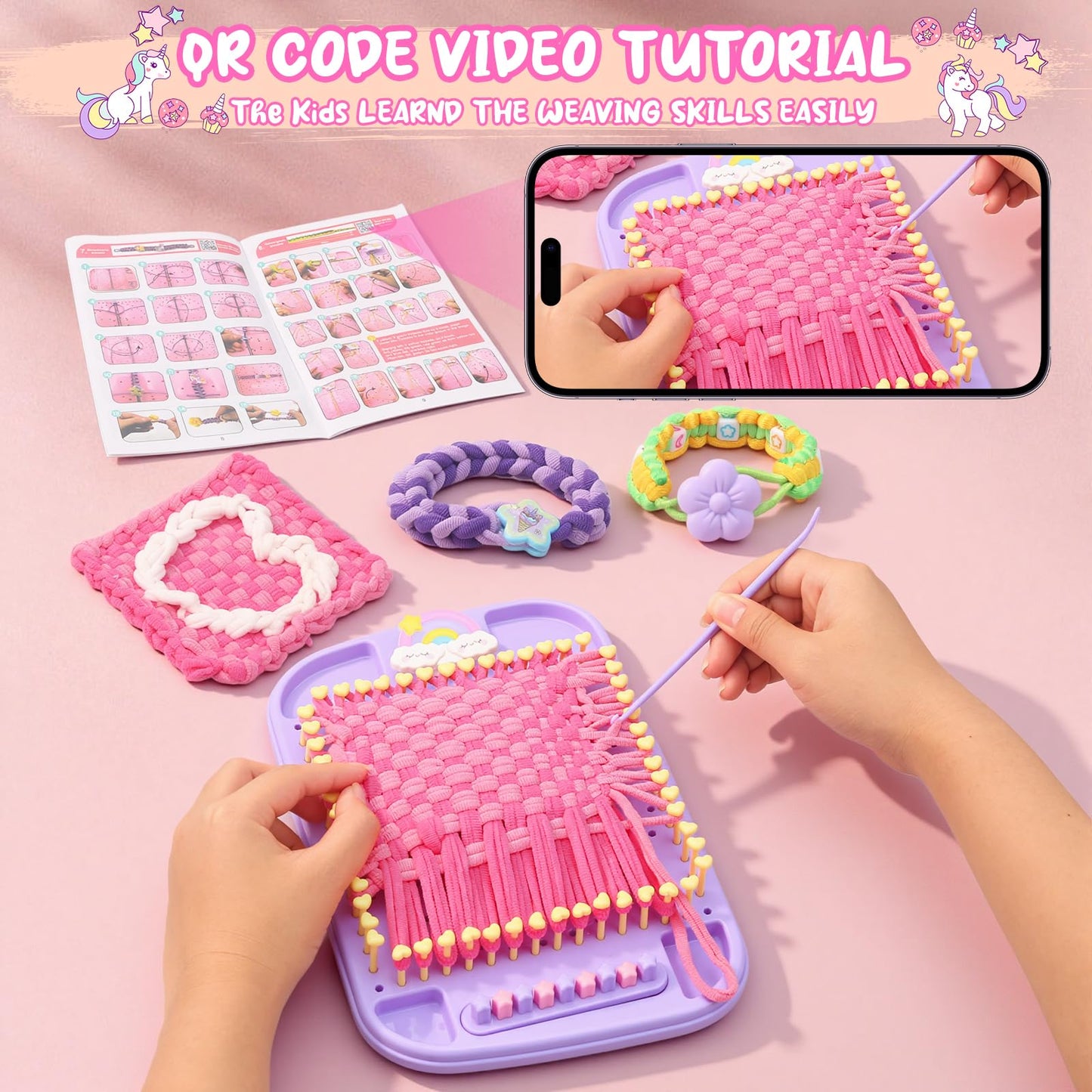 Fanfantoey Friendship Bracelet Kit & 6-in-One Weaving Loom – Creative Craft Gift for Girls Ages 5–12 (Pink)