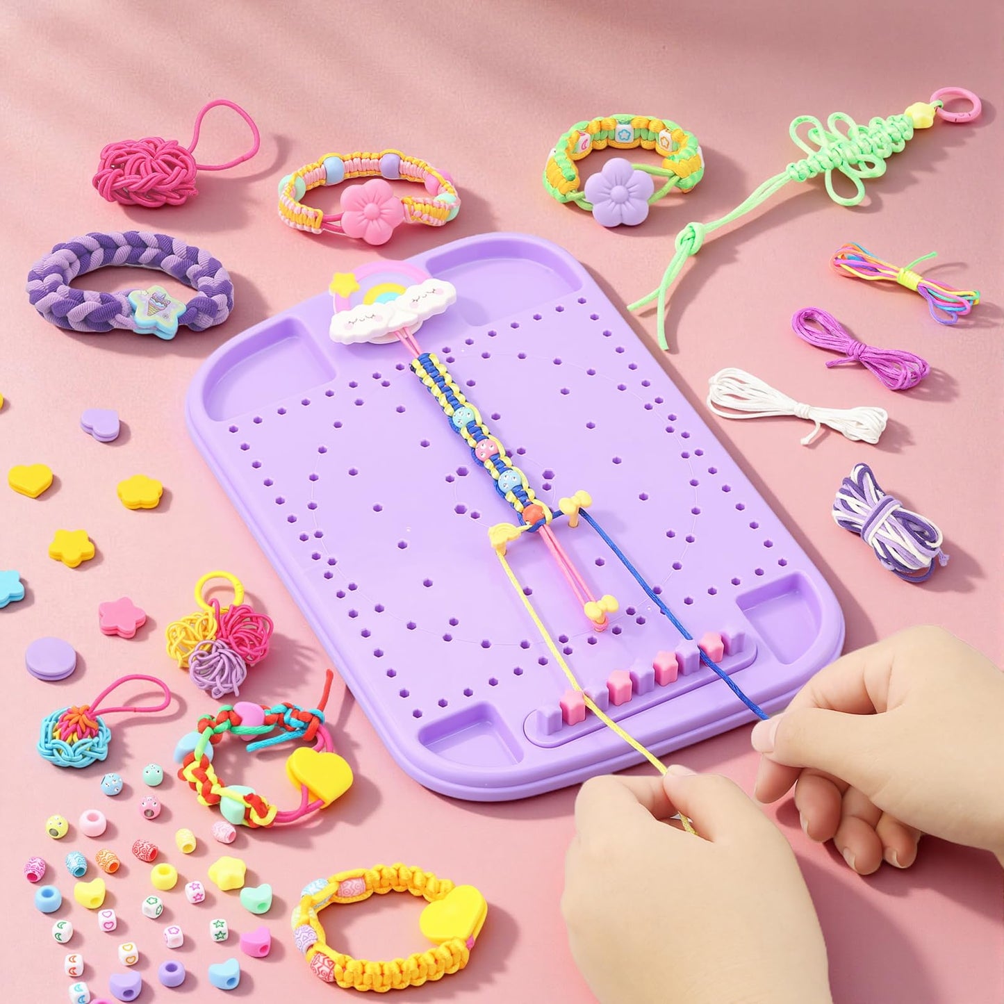 Fanfantoey Friendship Bracelet Kit & 6-in-One Weaving Loom – Creative Craft Gift for Girls Ages 5–12 (Pink)