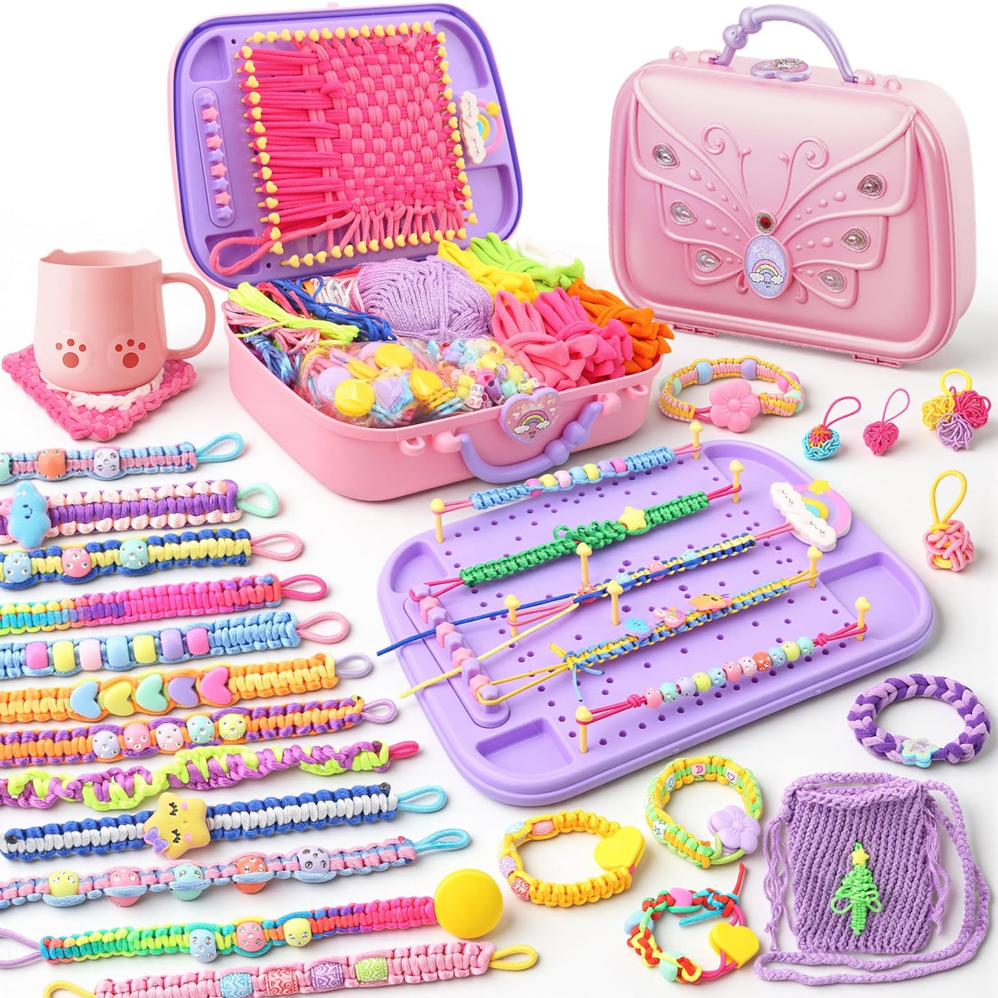 Fanfantoey Friendship Bracelet Kit & 6-in-One Weaving Loom – Creative Craft Gift for Girls Ages 5–12 (Pink)