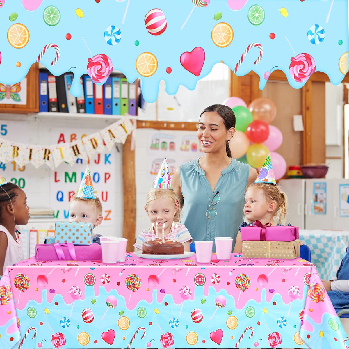 Fanfanwin Candyland Tablecloths – 4 Pack, Colorful Lollipop Pink Party Decor