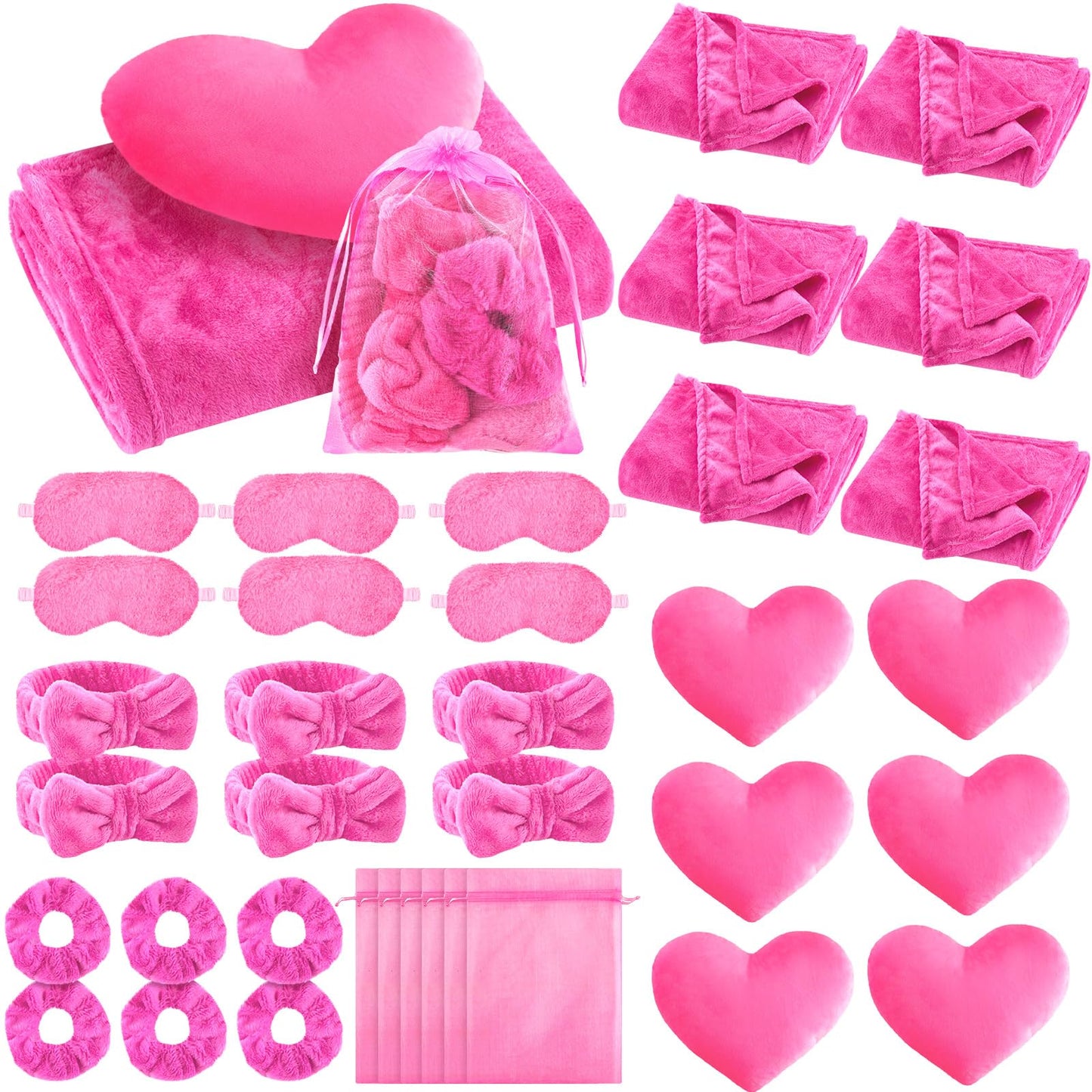 Fanfanwin 36 Pcs Sleepover Party Supplies for Girls – Hot Pink Spa Slumber Kit with Blankets, Pillows, Headbands, Scrunchies, Eye Masks & Organza Bags