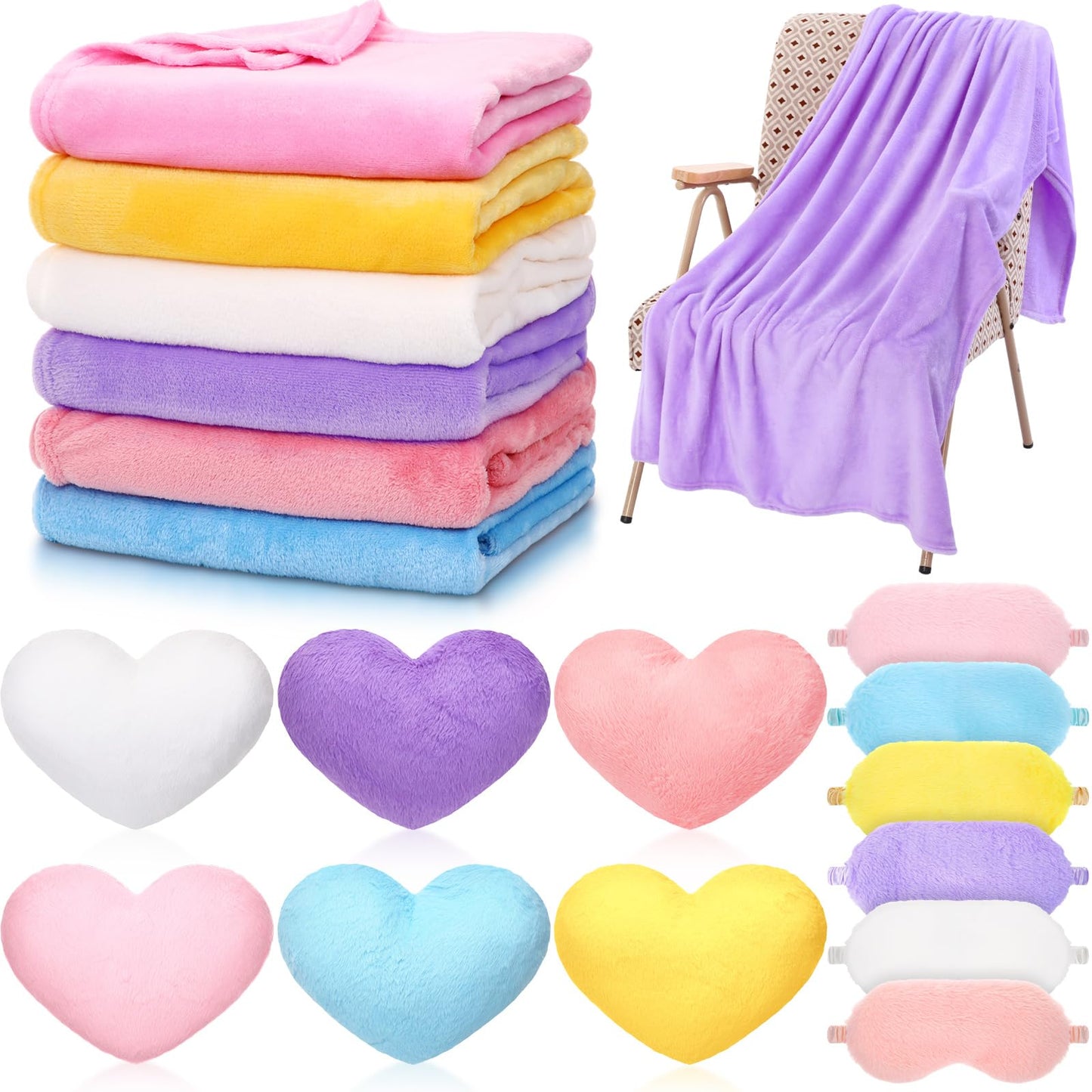 Fanfanwin 18-Piece Kids Sleepover Party Supplies Set | Cozy Fleece Blankets, Heart Pillows & Sleep Masks