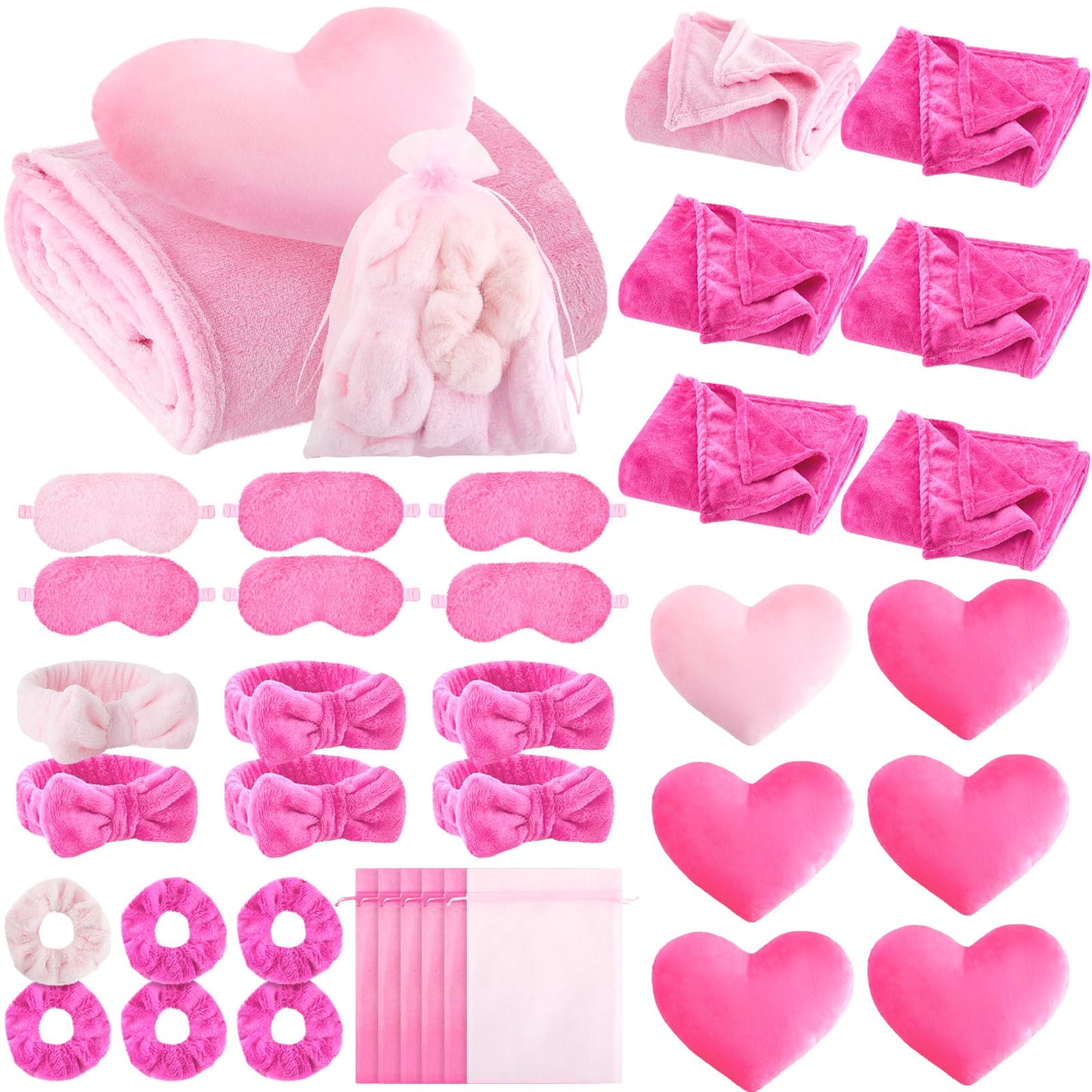 Fanfanwin 36-Piece Pink Sleepover Party Kit for Girls — Blankets, Pillows, Eye Masks, Headbands & Scrunchies