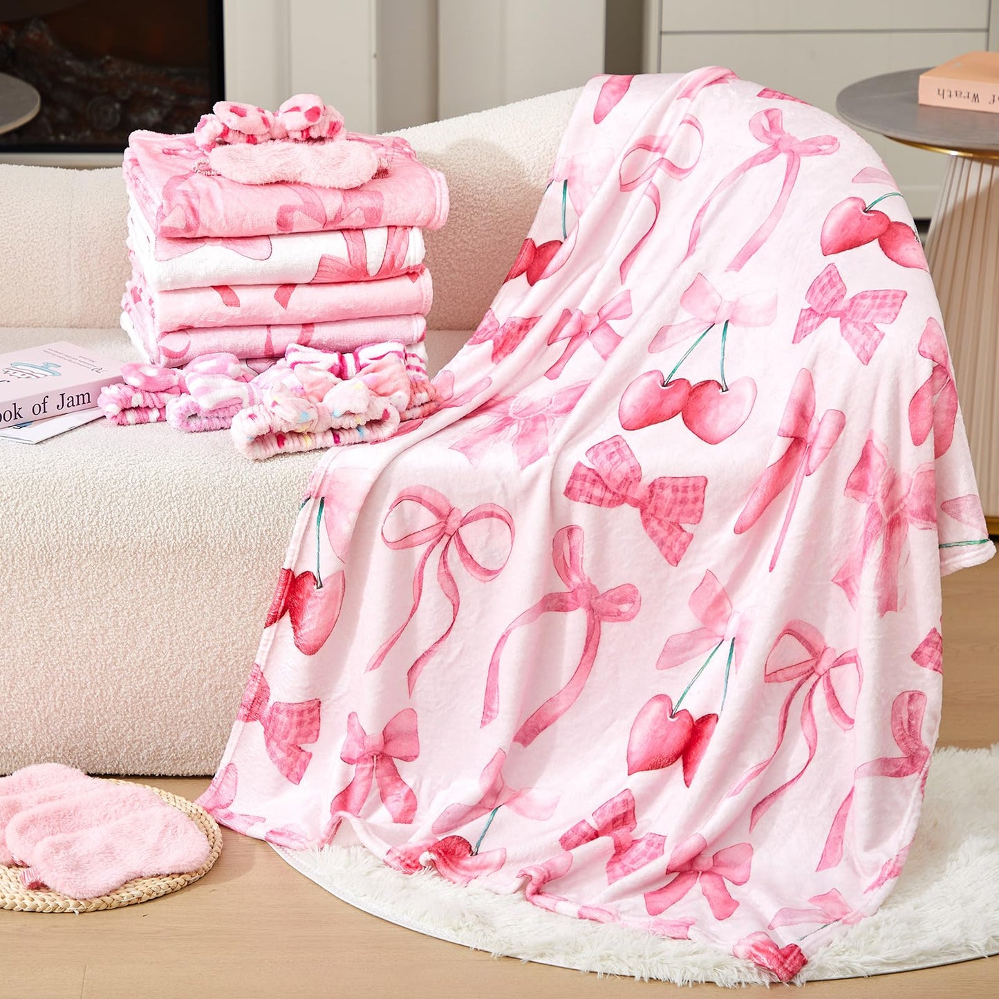 Fanfanwin 18-Piece Sleepover Party Supplies for Girls – Pink Bow Blanket, Headbands & Eye Masks