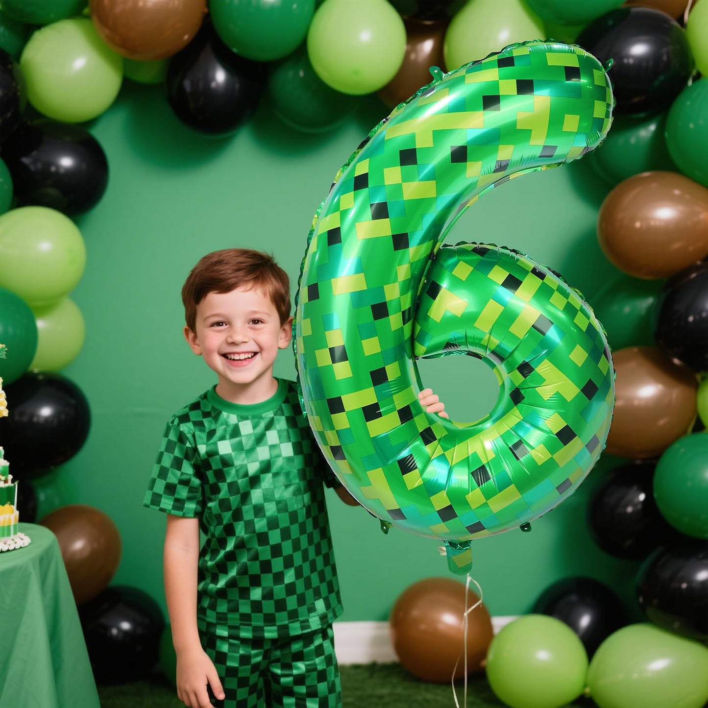FANGBBO 40in Pixel Giant Number 6 Balloon | Green Foil Mining Theme Birthday Decor
