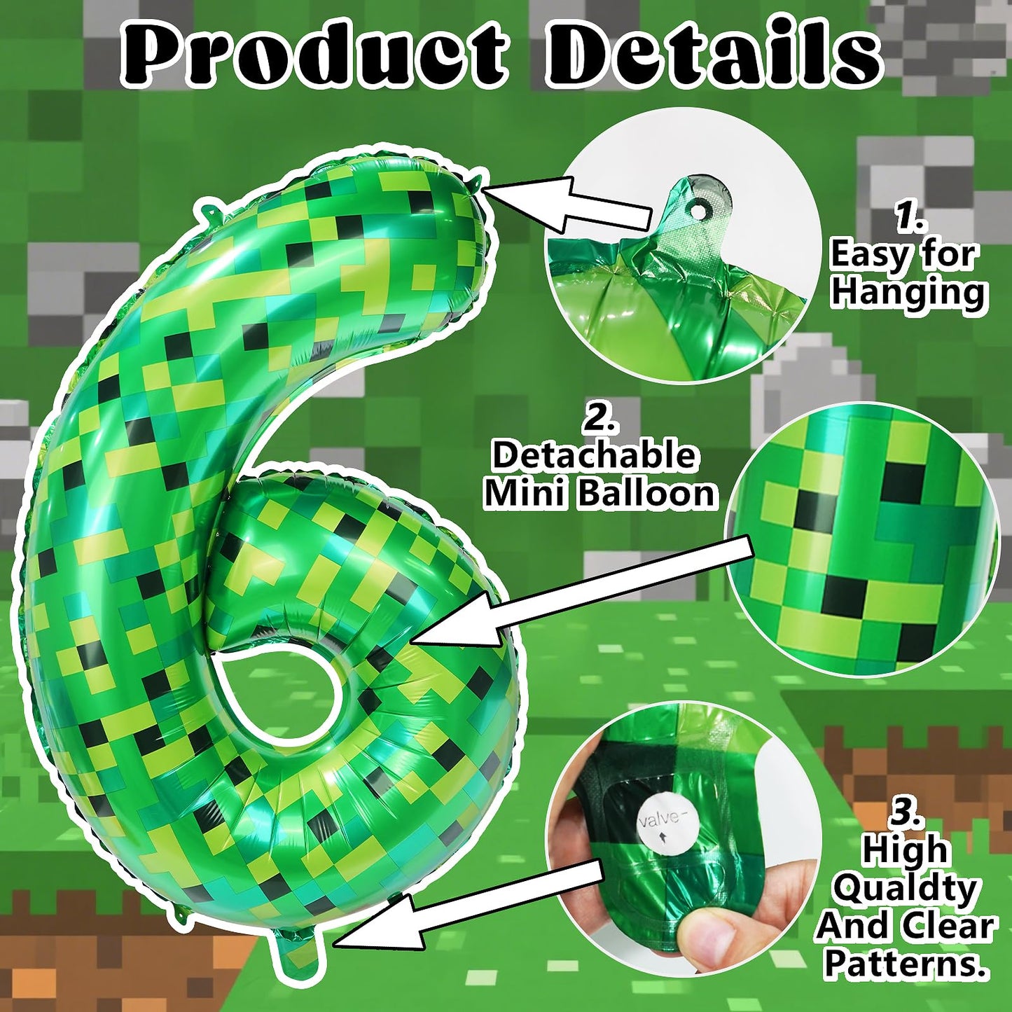 FANGBBO 40in Pixel Giant Number 6 Balloon | Green Foil Mining Theme Birthday Decor
