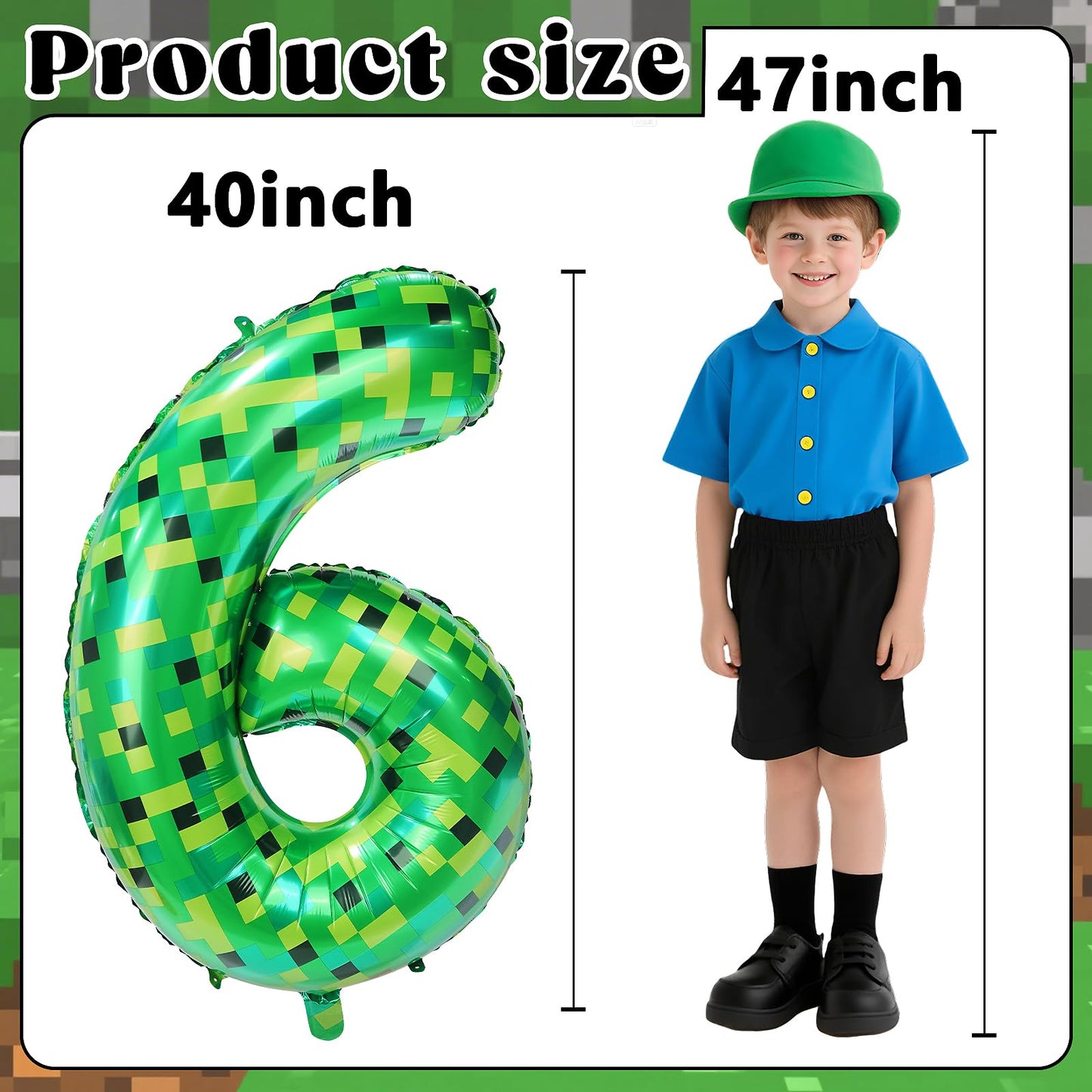 FANGBBO 40in Pixel Giant Number 6 Balloon | Green Foil Mining Theme Birthday Decor