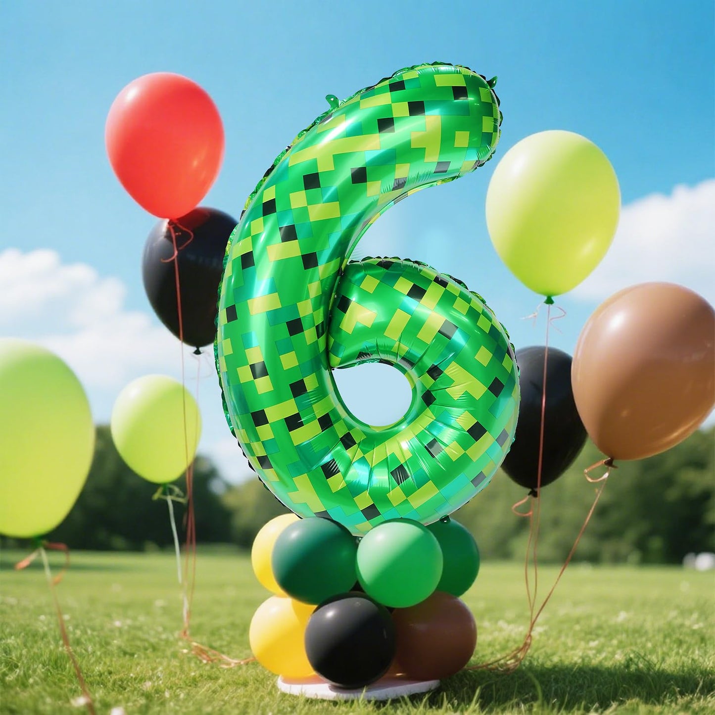 FANGBBO 40in Pixel Giant Number 6 Balloon | Green Foil Mining Theme Birthday Decor
