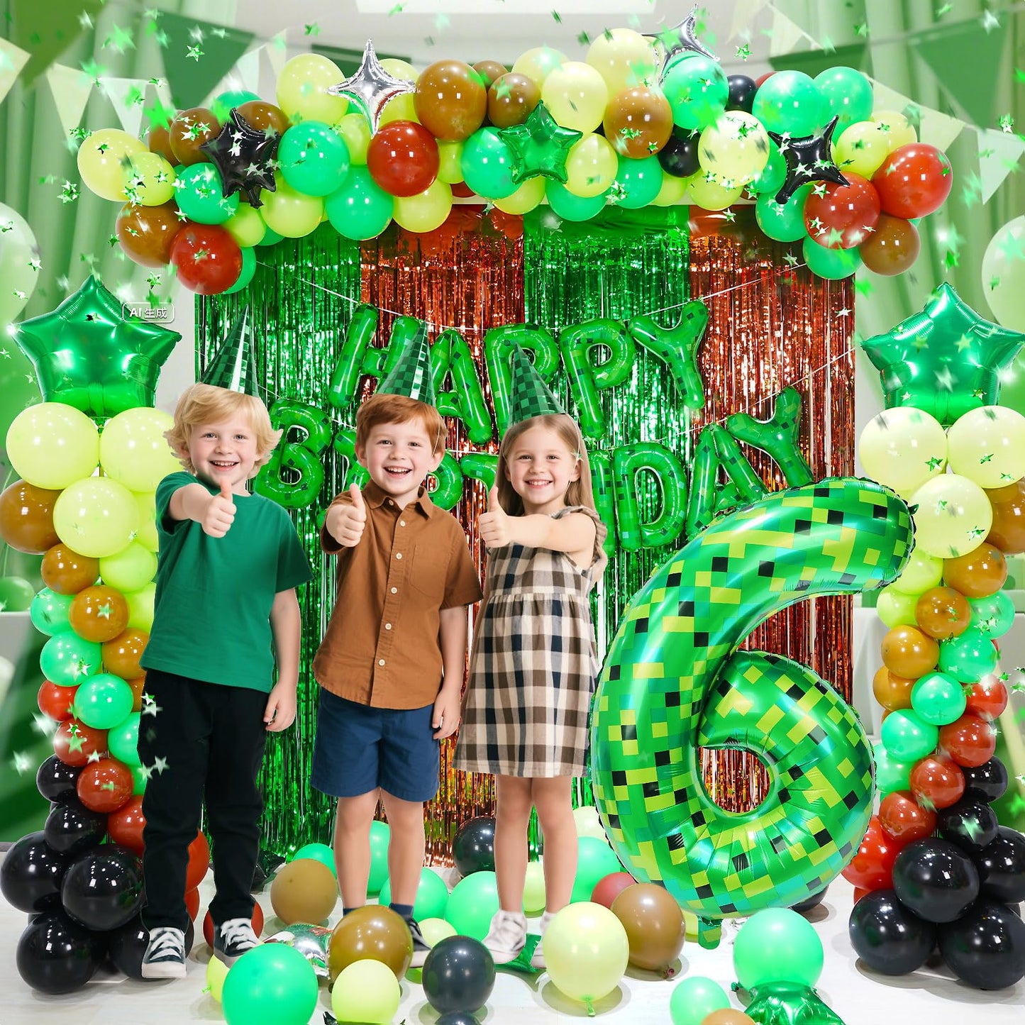 FANGBBO 40in Pixel Giant Number 6 Balloon | Green Foil Mining Theme Birthday Decor