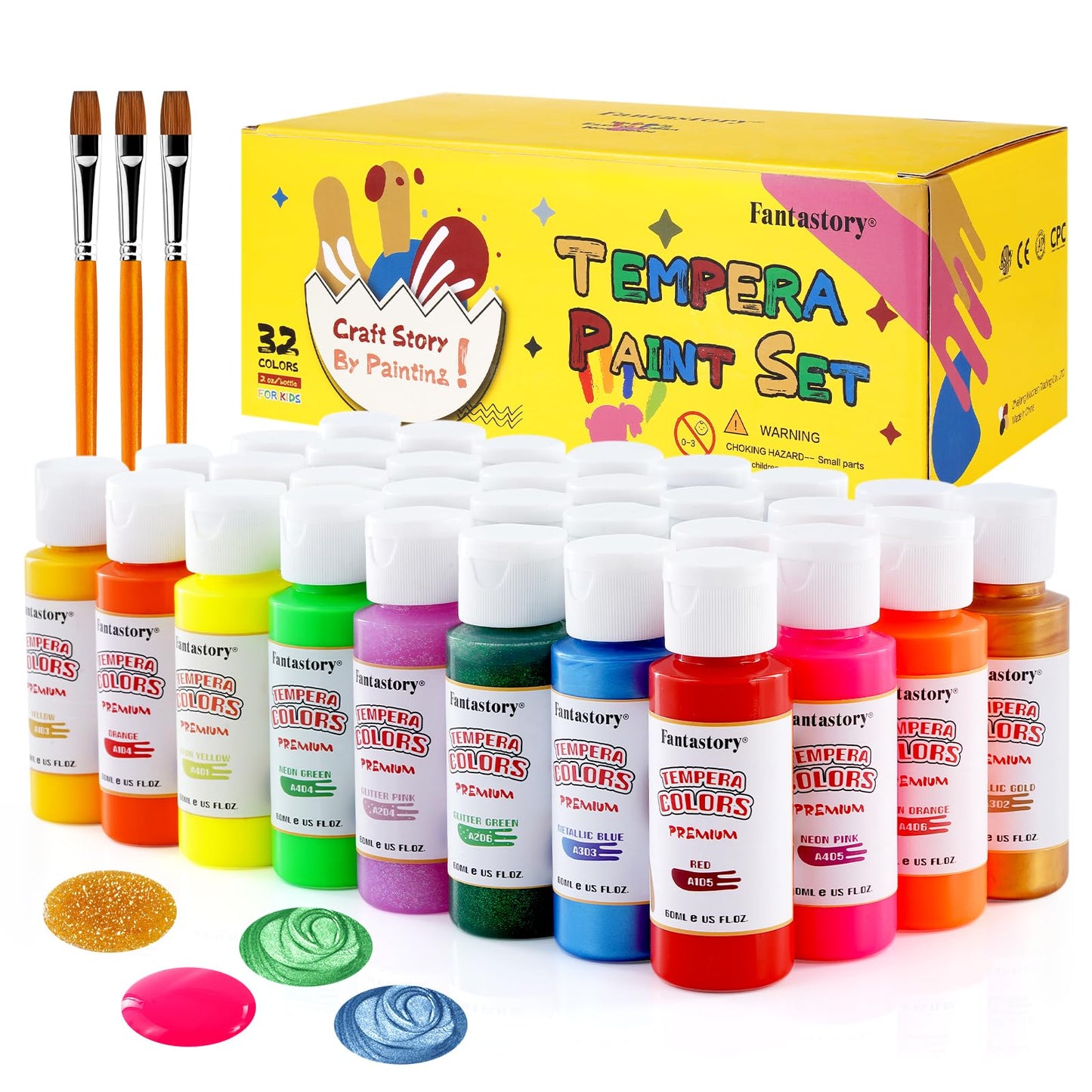 Fantastory Tempera Paint for Kids – 32 Colors, Washable & Non-Toxic (2 oz)