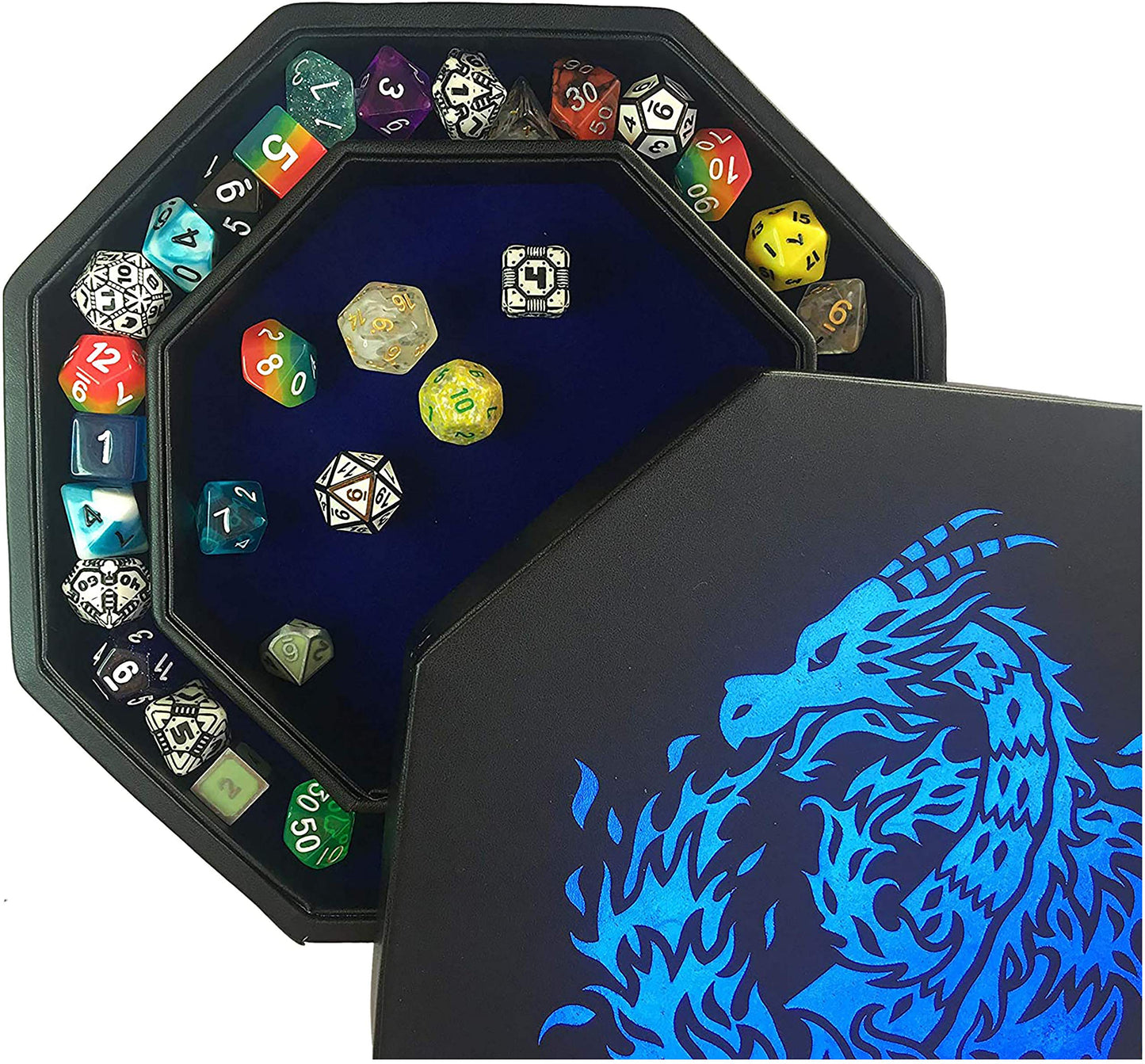 Fantasydice Blue Fire Dragon Dice Tray with Lid — 9-Inch Octagon, Holds 5 Dice Sets