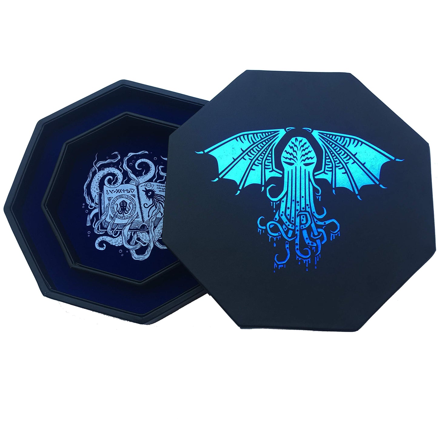Fantasydice Cthulhu Tome Blue Dice Tray with Lid – 9-Inch Octagon, Holds 5 Dice Sets for D&D and RPGs