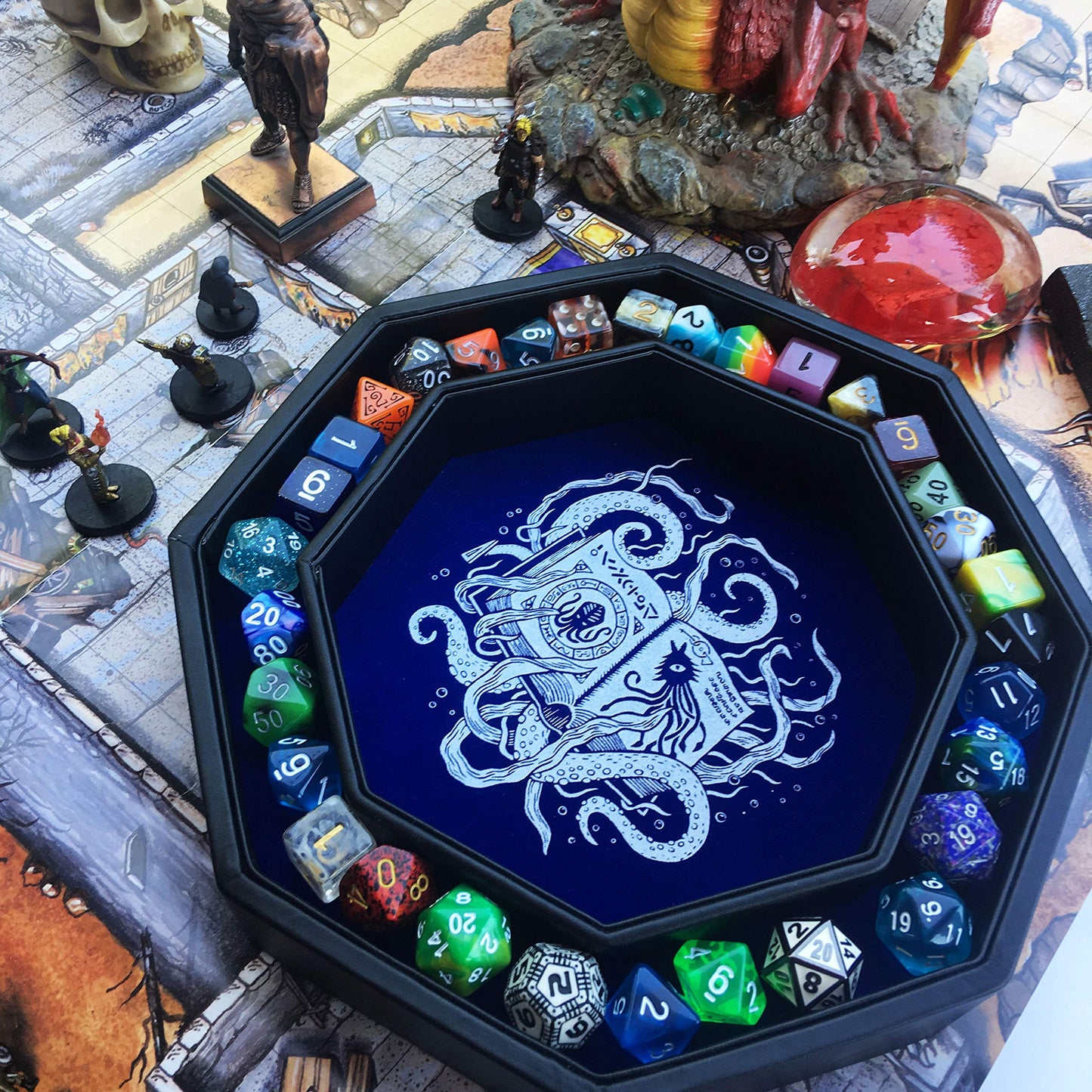 Fantasydice Cthulhu Tome Blue Dice Tray with Lid – 9-Inch Octagon, Holds 5 Dice Sets for D&D and RPGs