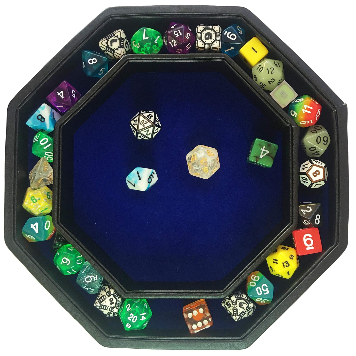 Fantasydice Blue Fire Dragon Dice Tray with Lid — 9-Inch Octagon, Holds 5 Dice Sets