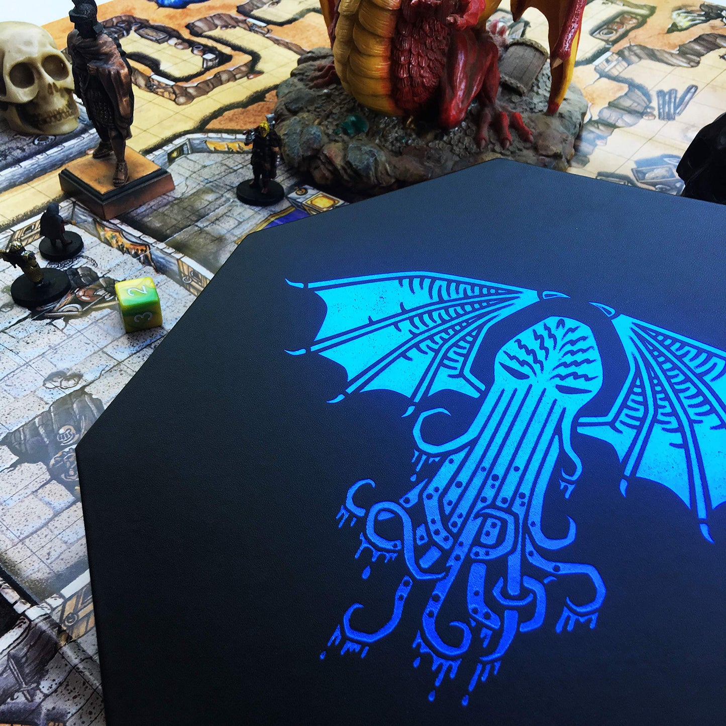 Fantasydice Cthulhu Tome Blue Dice Tray with Lid – 9-Inch Octagon, Holds 5 Dice Sets for D&D and RPGs