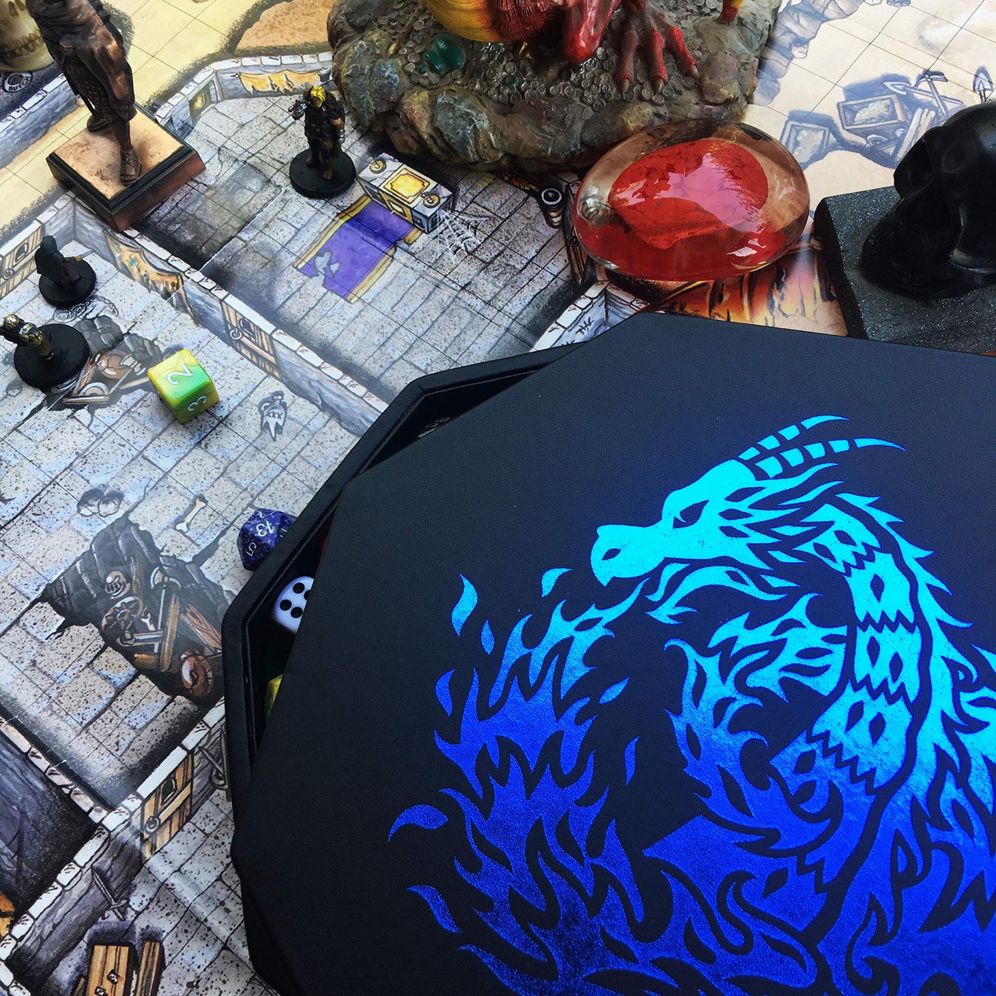 Fantasydice Blue Fire Dragon Dice Tray with Lid — 9-Inch Octagon, Holds 5 Dice Sets
