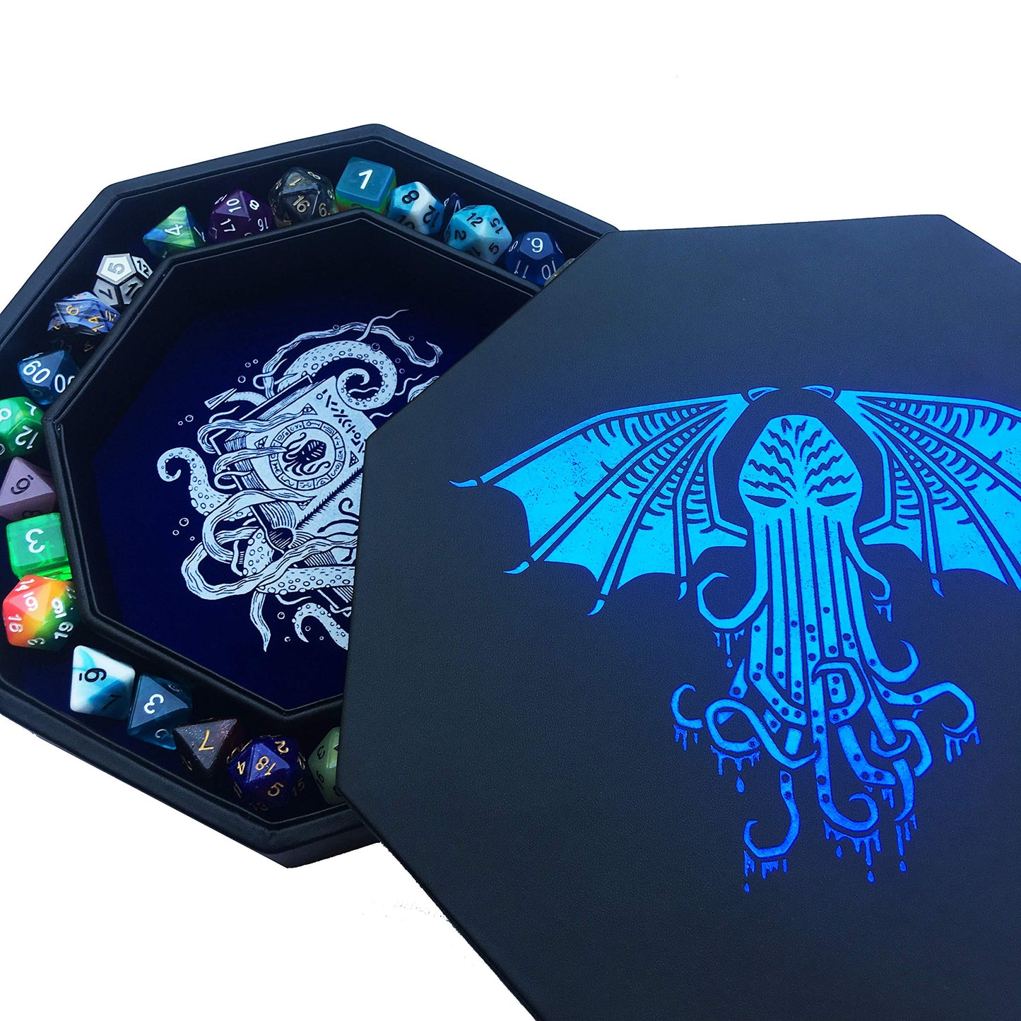 Fantasydice Cthulhu Tome Blue Dice Tray with Lid – 9-Inch Octagon, Holds 5 Dice Sets for D&D and RPGs