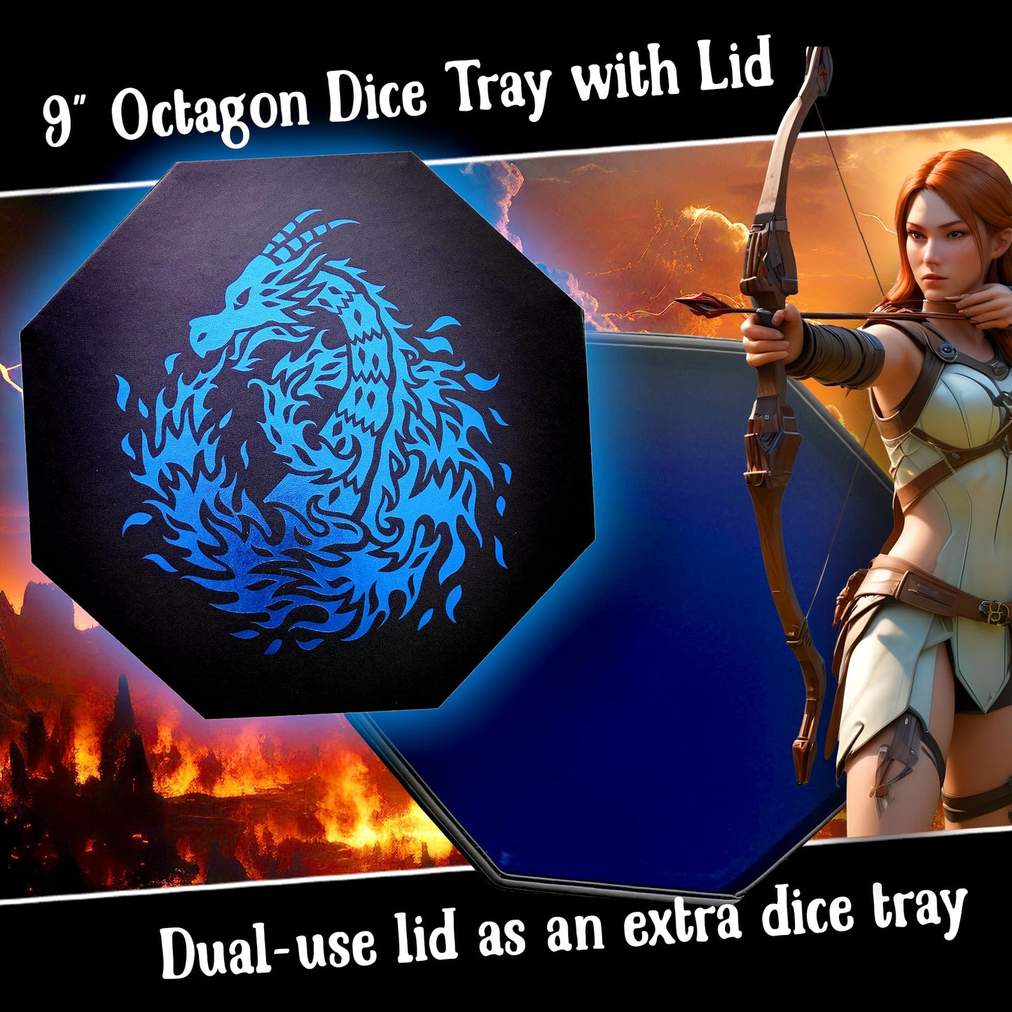 Fantasydice Blue Fire Dragon Dice Tray with Lid — 9-Inch Octagon, Holds 5 Dice Sets