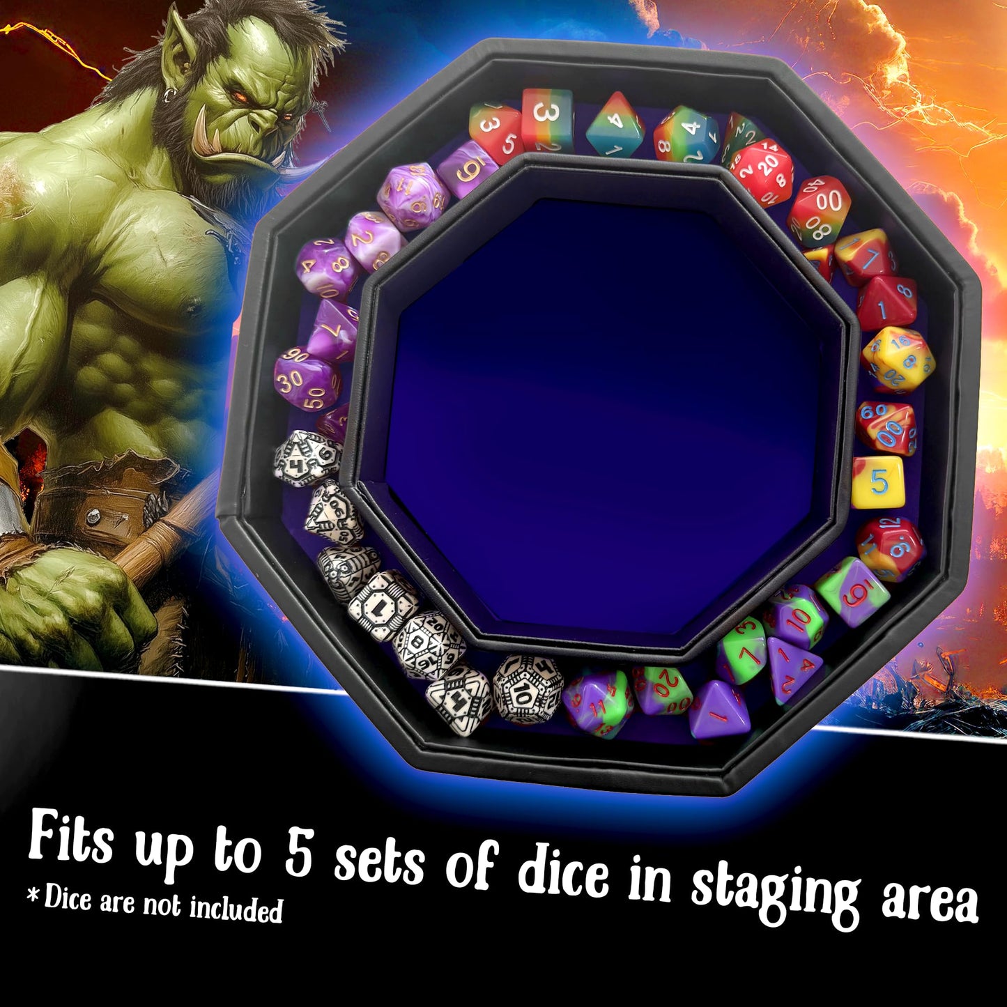 Fantasydice Blue Fire Dragon Dice Tray with Lid — 9-Inch Octagon, Holds 5 Dice Sets