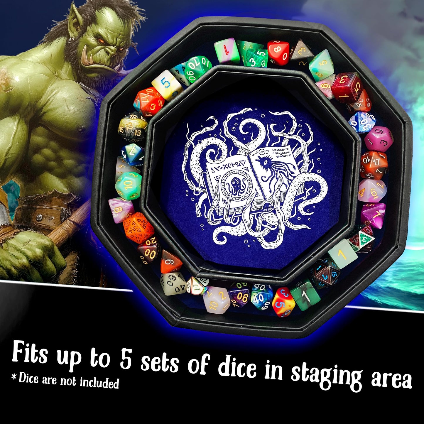 Fantasydice Cthulhu Tome Blue Dice Tray with Lid – 9-Inch Octagon, Holds 5 Dice Sets for D&D and RPGs