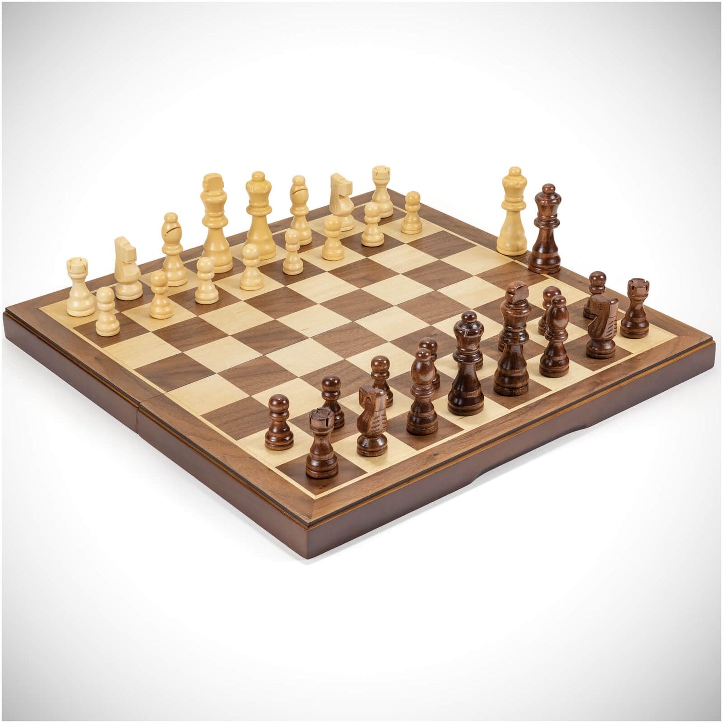 FanVince Walnut Chess Set – 15-Inch Folding Travel Board with 2 Extra Queens