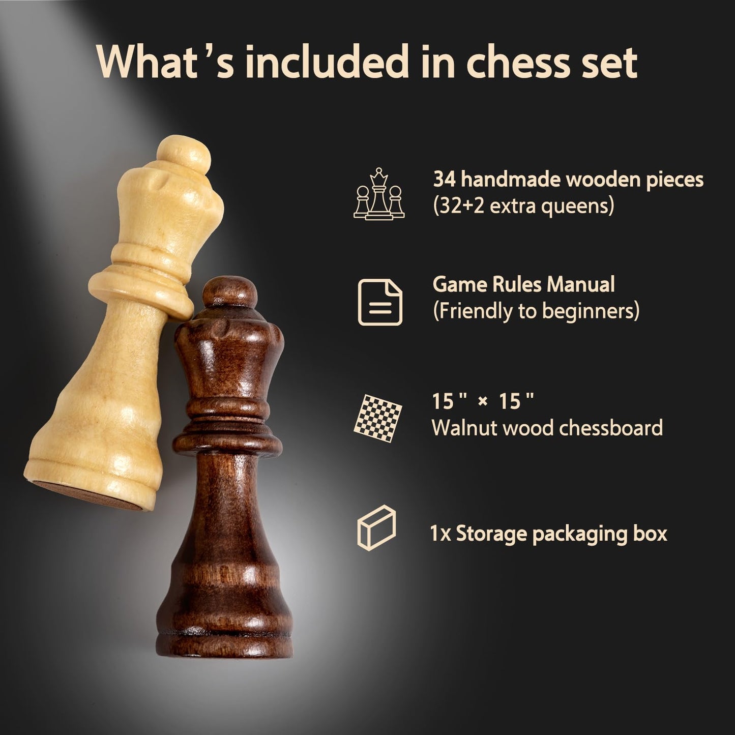 FanVince Walnut Chess Set – 15-Inch Folding Travel Board with 2 Extra Queens