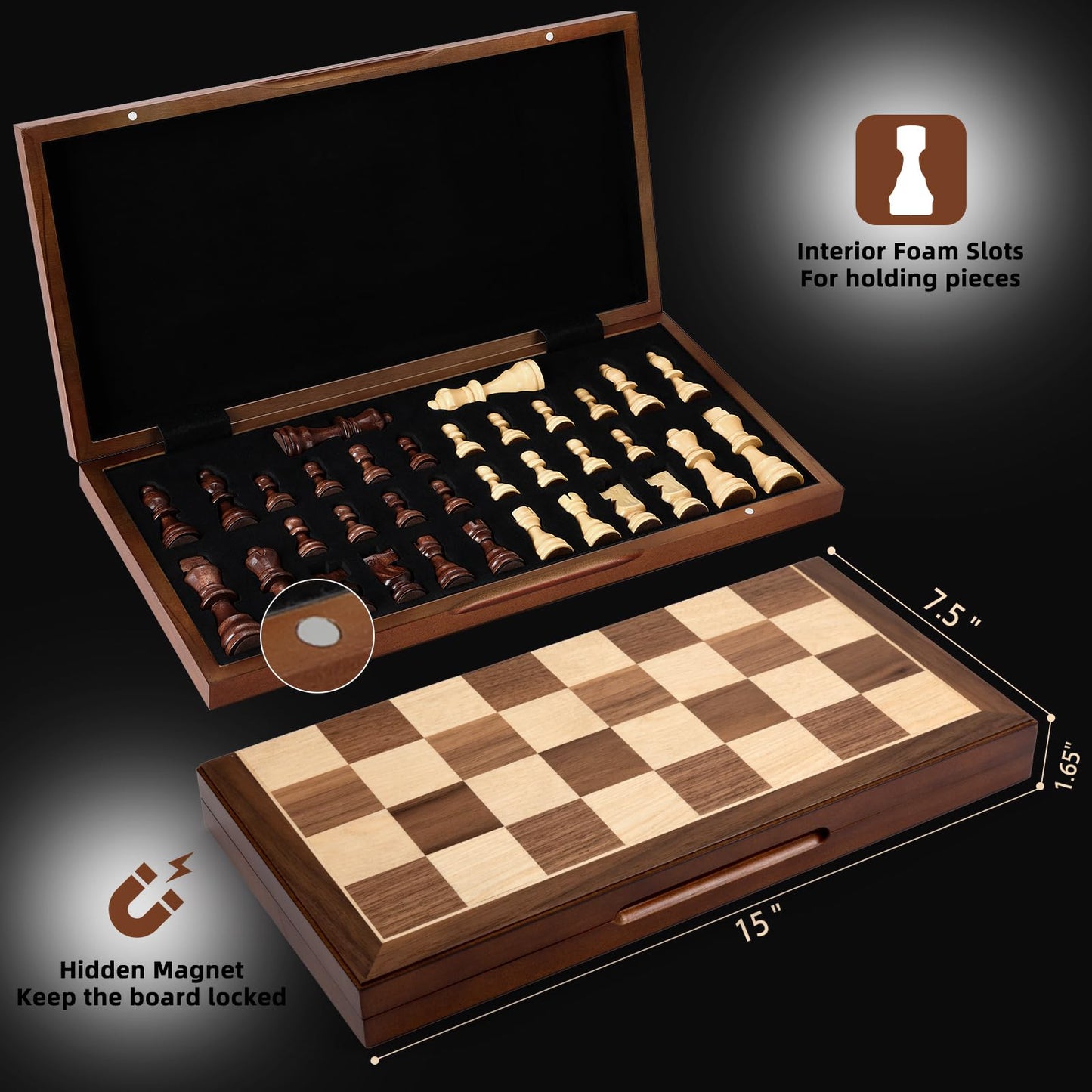 FanVince Walnut Chess Set – 15-Inch Folding Travel Board with 2 Extra Queens