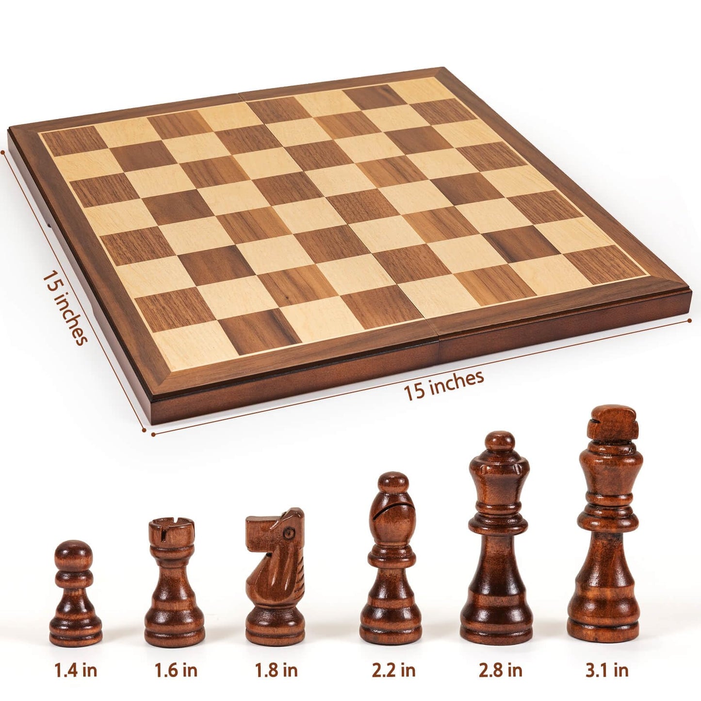 FanVince Walnut Chess Set – 15-Inch Folding Travel Board with 2 Extra Queens