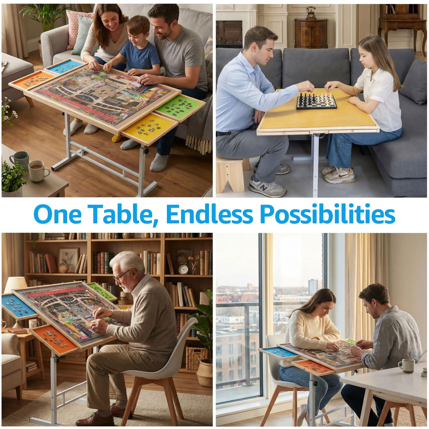 Fanwer 1500-Piece Puzzle Table with Adjustable Legs, Tilt 0–360°, & 4 Drawers | 35x26 in