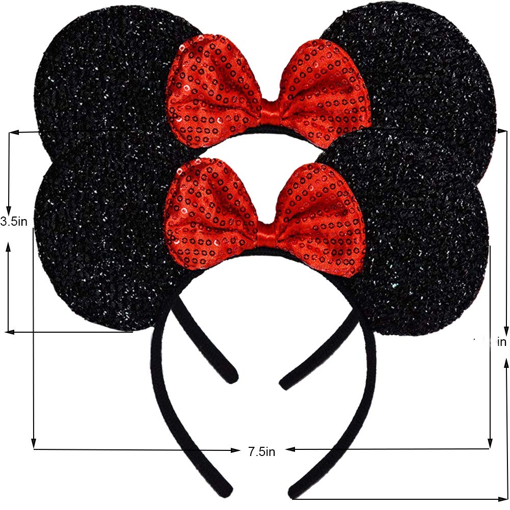 FANYITY Mouse Ears Headbands - Red Sequin Bow, 2-Pack for Girls & Adults