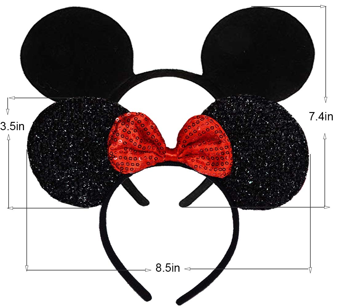 FANYITY Mouse Ears Headbands Set – Red & Black Sequin Bow (2 Pieces)