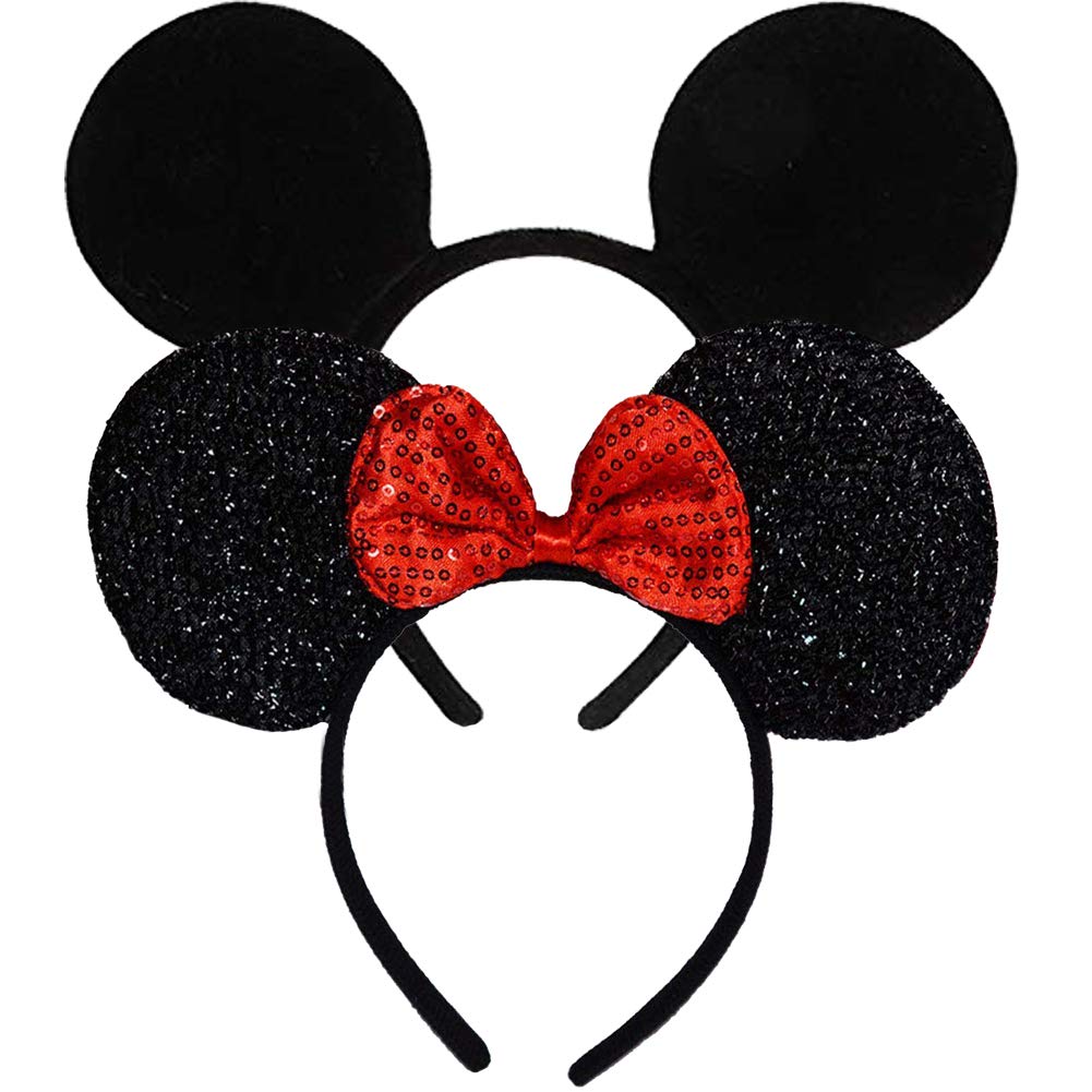 FANYITY Mouse Ears Headbands Set – Red & Black Sequin Bow (2 Pieces)