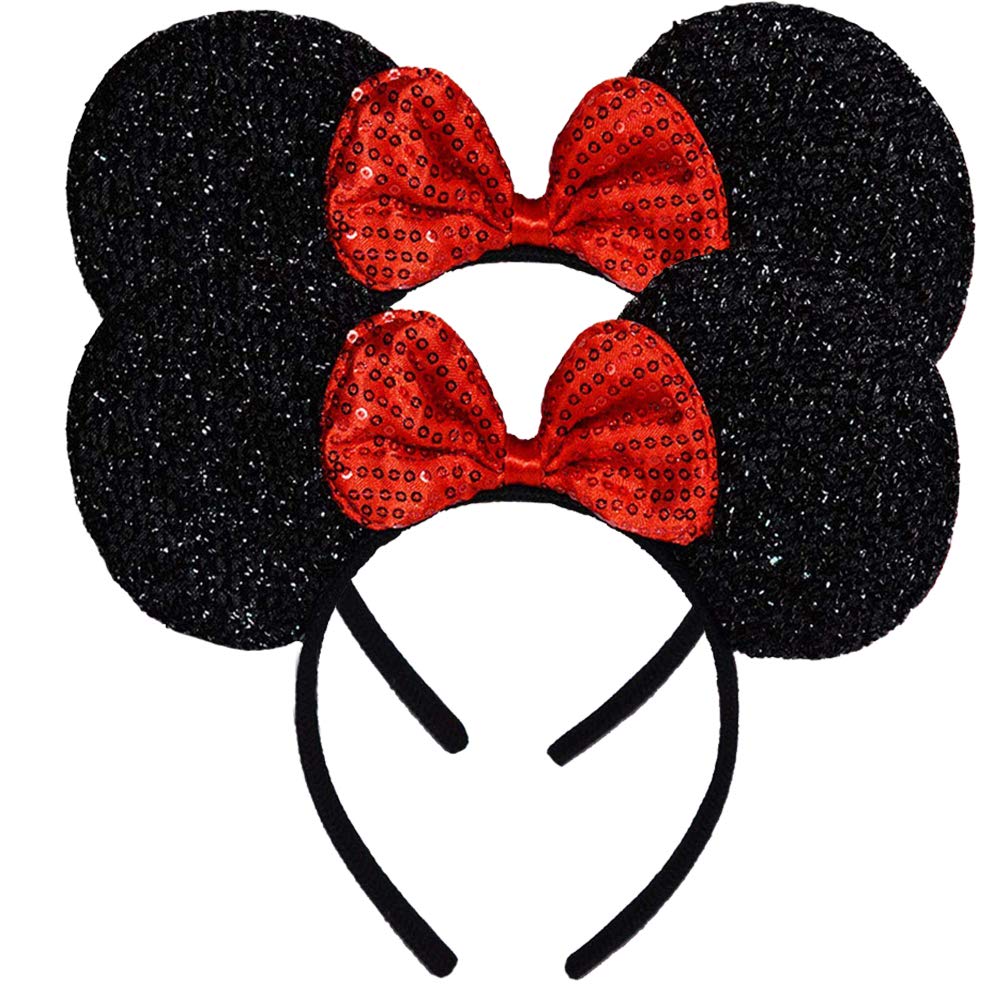 FANYITY Mouse Ears Headbands - Red Sequin Bow, 2-Pack for Girls & Adults