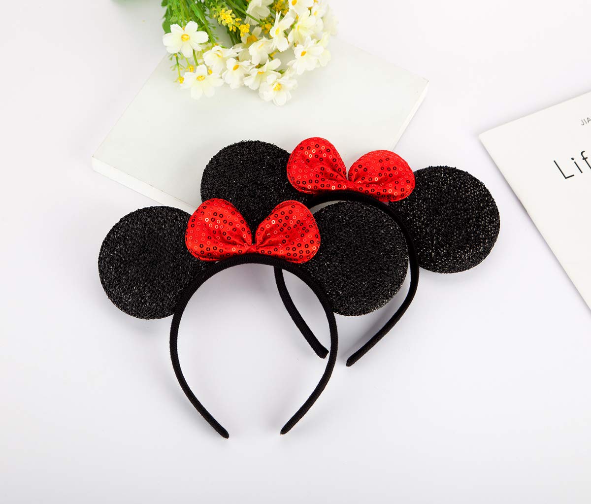 FANYITY Mouse Ears Headbands - Red Sequin Bow, 2-Pack for Girls & Adults