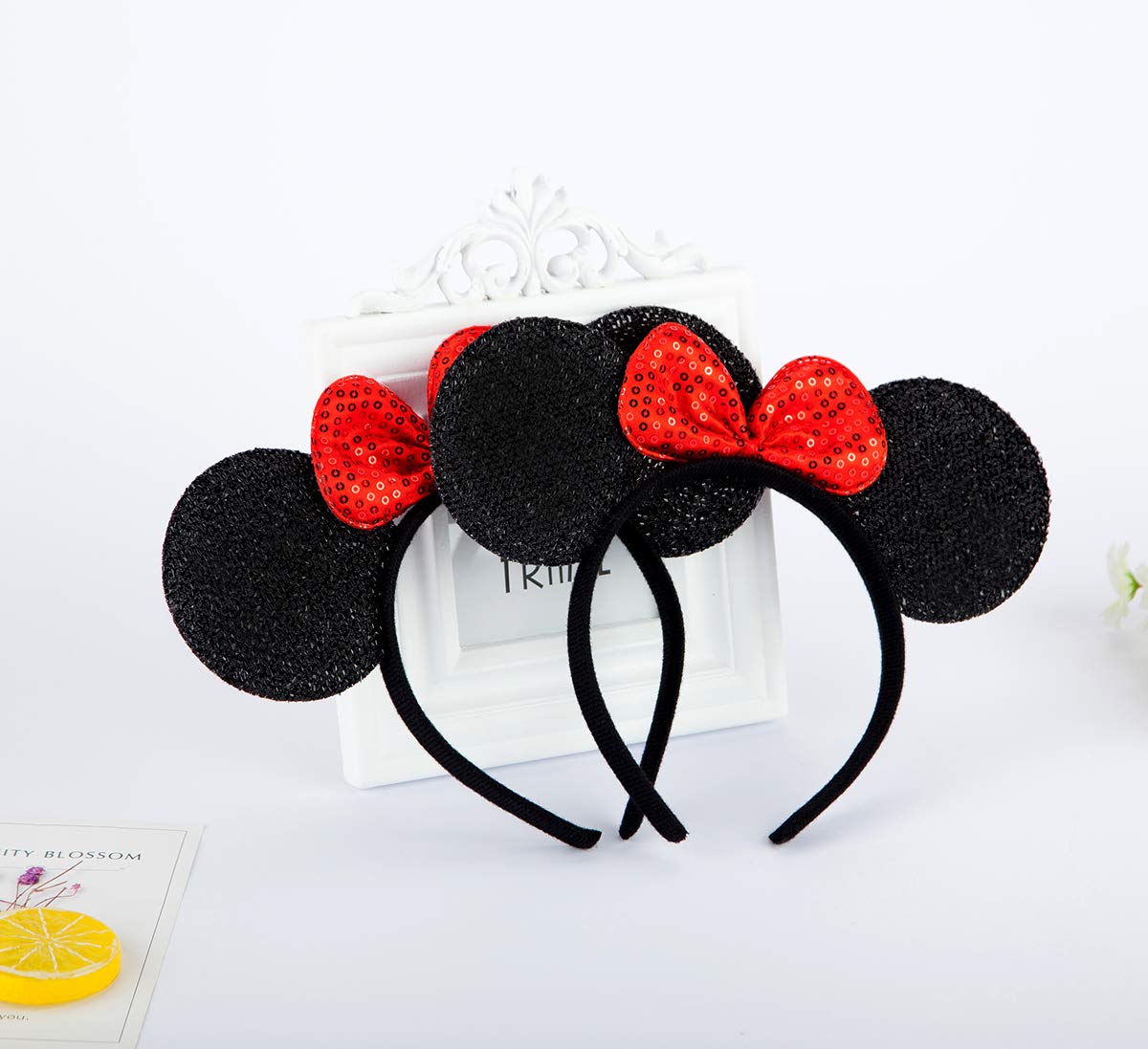 FANYITY Mouse Ears Headbands Set – Red & Black Sequin Bow (2 Pieces)