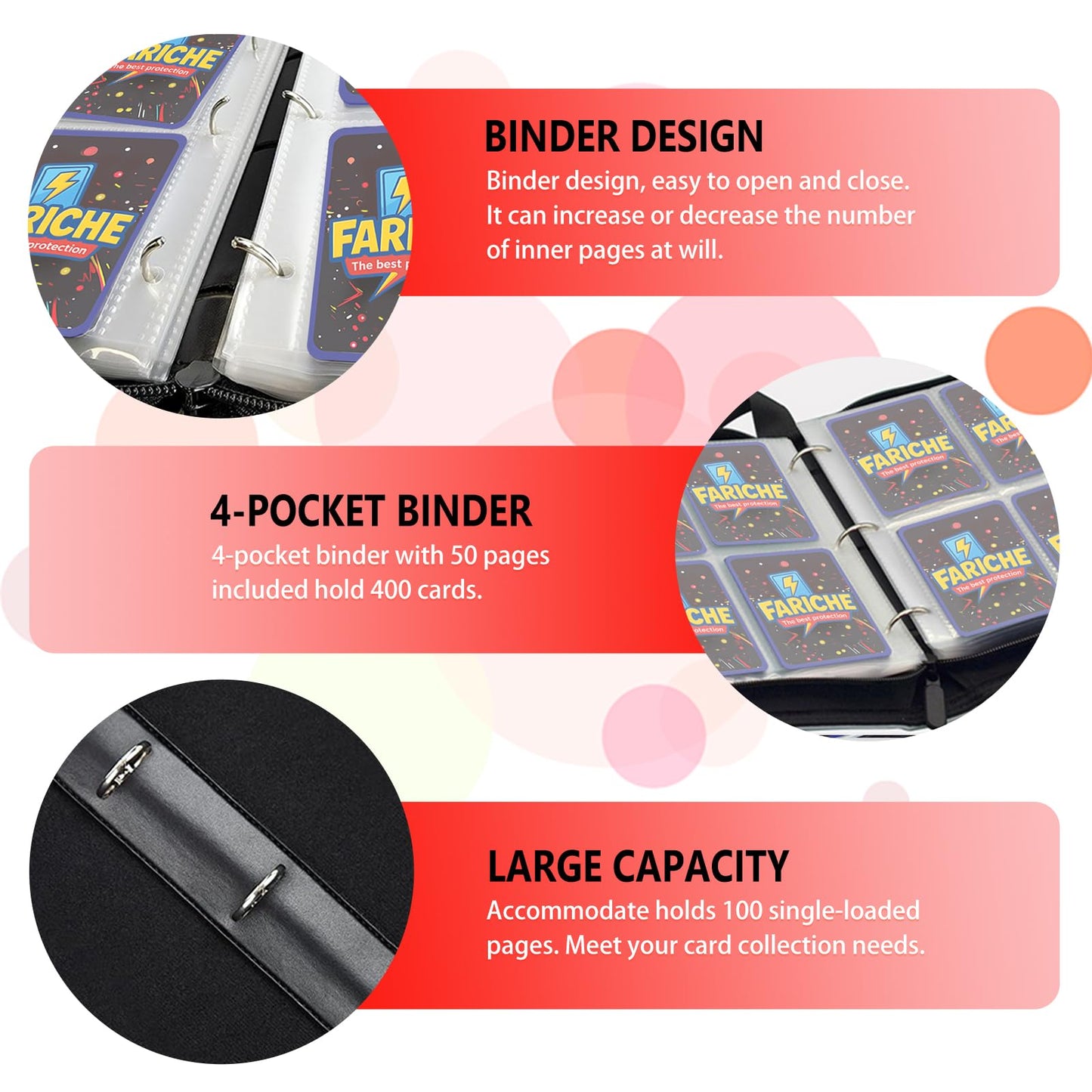 FARICHE Trading Card Binder – 4-Pocket 400-Card Capacity, Waterproof with 50 Removable Sleeves, Portable 3-Ring Album