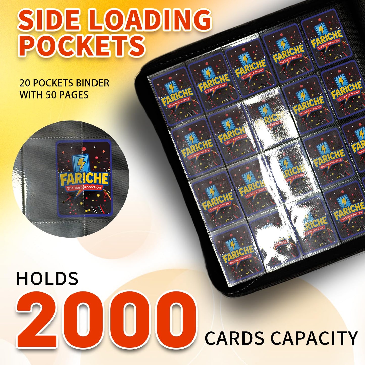 FARICHE Toploader Card Binder – 20-Pocket Waterproof Case for Trading Cards (2000 Cards)